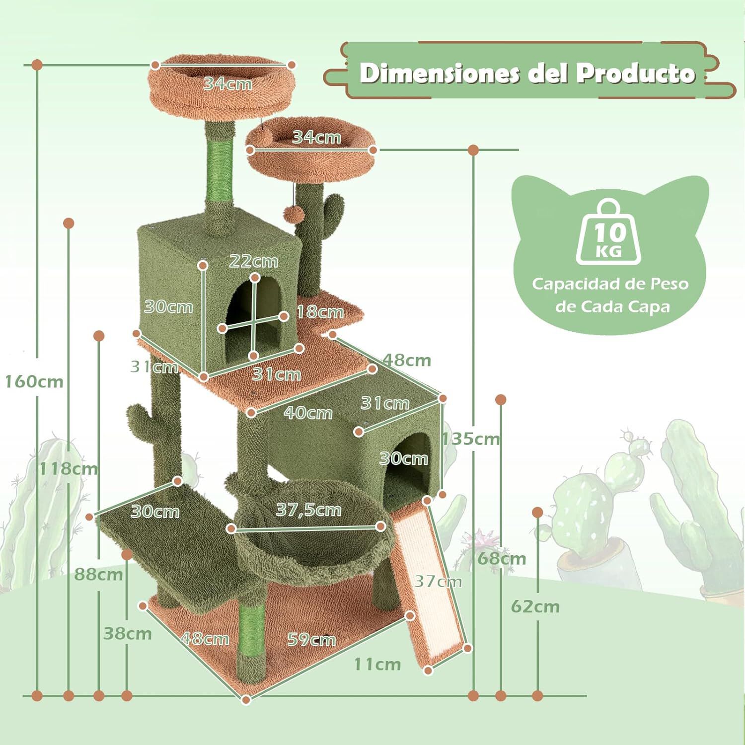 COSTWAY árbol rascador con Diseño de Cactus Verde con Condominio, Hamaca, Plataforma para Gatos thumbnail