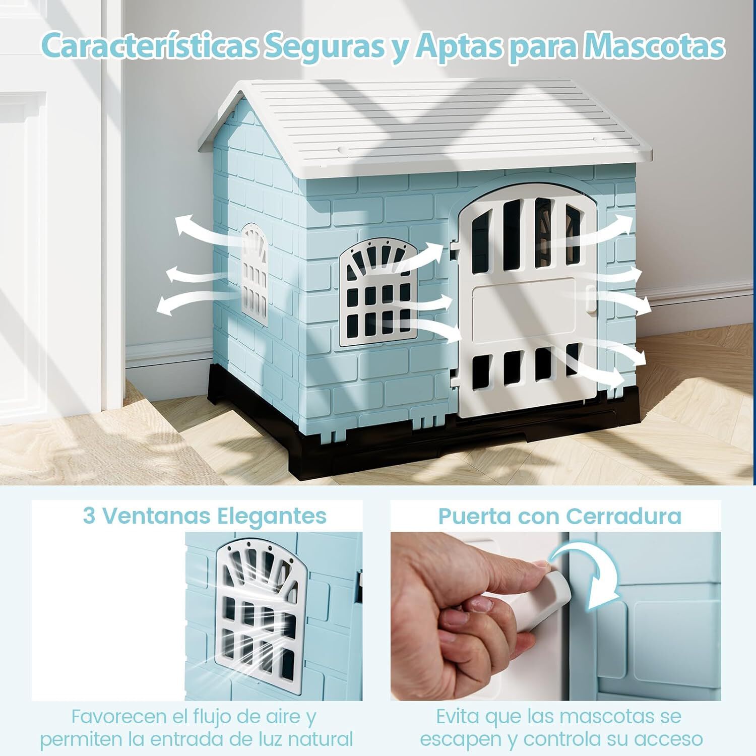 COSTWAY Casa para Perros Plegable de Pl&aacute;stico, Refugio para Mascotas Resistente a la Intemperie con Bandeja de Inodoro, Puerta con Cerradura, Techo Inclinado, Jaula de Interior Exterior para Cachorros Gatos, , large Imagen numero 3