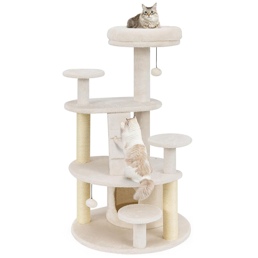 COSTWAY Árbol para Gatos, Torre para Gatos con Condominio y Percha Acolchada, Postes de Sisal para Rascar, Bola Colgante con Campana, Plataformas de Salto, Escalera, Base Ancha Estable (Blanco)