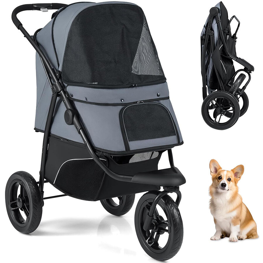 COSTWAY Cochecito Plegable para Perros, Carrito para Perros Peque&ntilde;os con Ruedas Todoterreno, Freno, Capota Ajustable, Cesta, Coj&iacute;n, Correa de Seguridad, Bolsa de Transporte Mascota, Hasta 25kg (Gris), , large Imagen numero 1