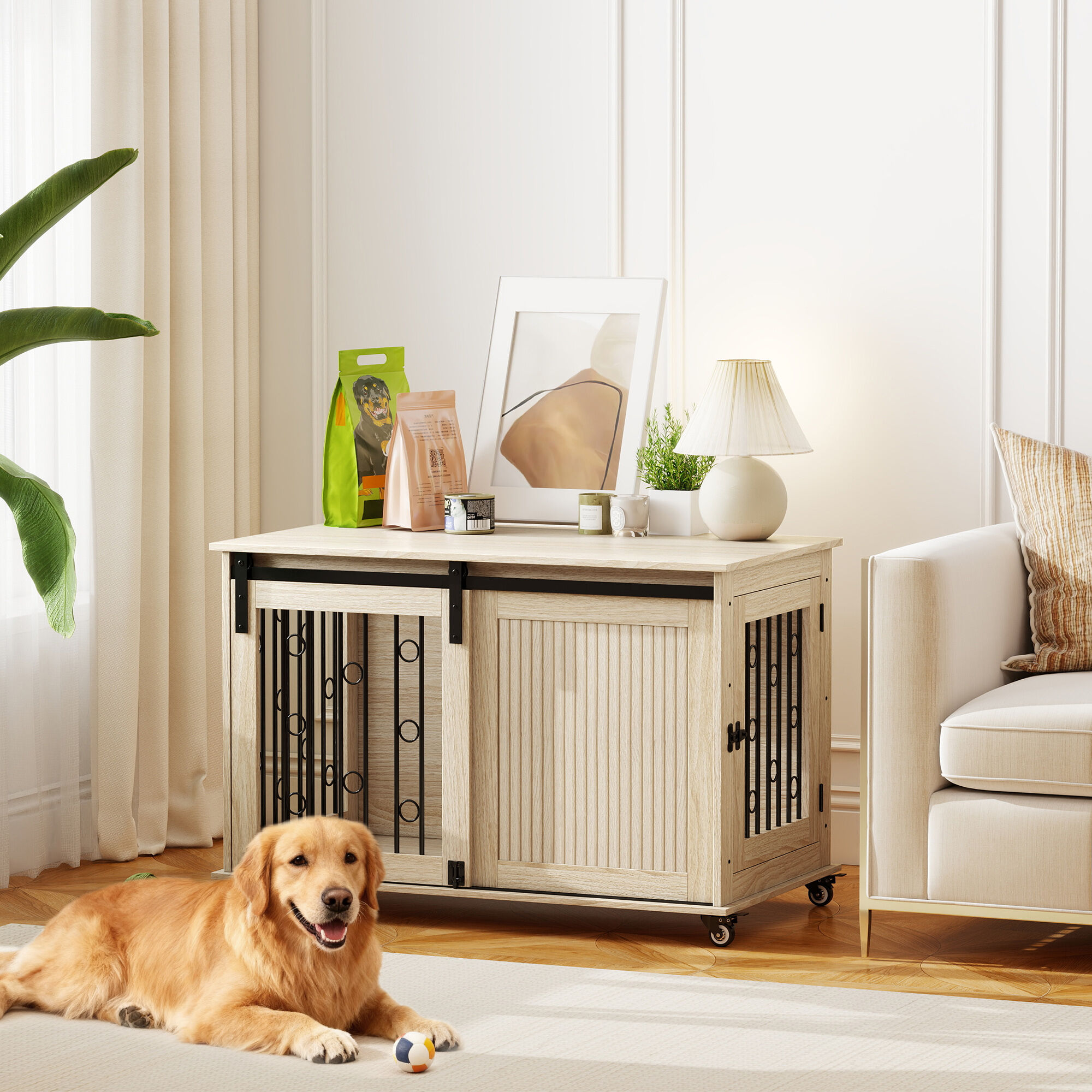 PawHut Jaula para Perros con Ruedas, Mesa Auxiliar, Casa para Mascotas Moderna con 2 Puertas y Cierre, para Perros Medianos y Grandes, 100x56x65 cm, Roble, , large Imagen numero 2