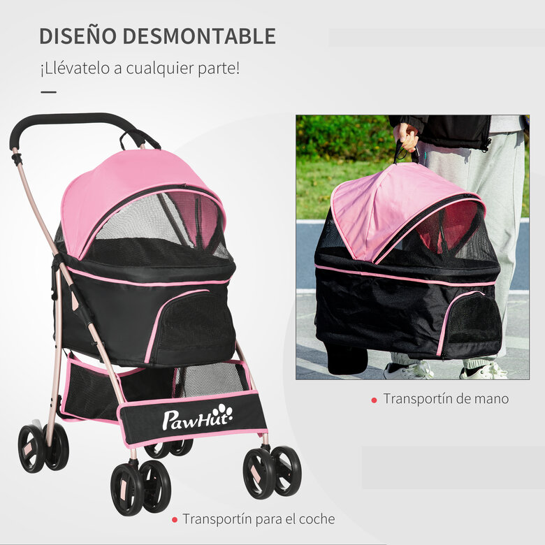 PawHut 3 en 1 Cochecito para Mascotas Carrito para Perros y Gatos Desmontable Bolsa de Transporte Plegable con Cesta de Almacenaje y Frenos Tela Oxford 600D Carga 15 kg 82x49,5x98 cm Rosa, , large image number null