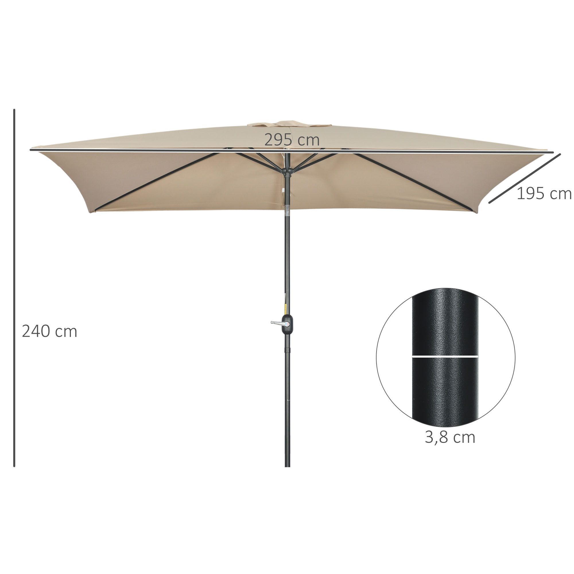 Outsunny Sombrilla de Aluminio 200x300x240 cm Parasol Rectangular de Jard&iacute;n Inclinable con Manivela y Poste Desmontable para Terraza Piscina Patio Exterior Caqui, , large Imagen numero 3