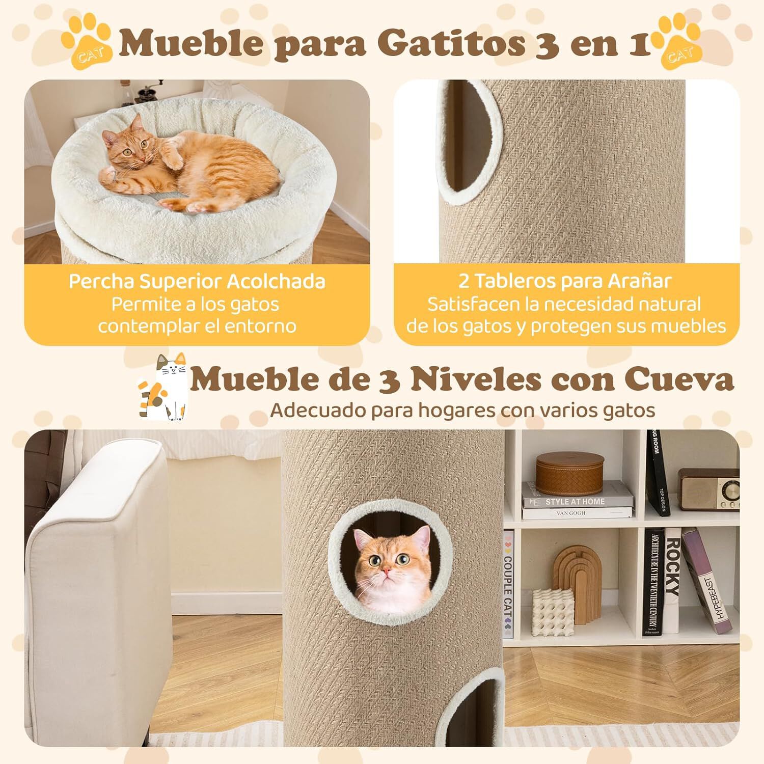COSTWAY Barril Rascador de 4 Niveles, Poste rascador para Gatos para M&uacute;ltiples Gatos con Cama de Percha Removible, Tablero Rascador de Sisal, Estera de Bamb&uacute; para Gato de Interior (De Yute), , large Imagen numero 3