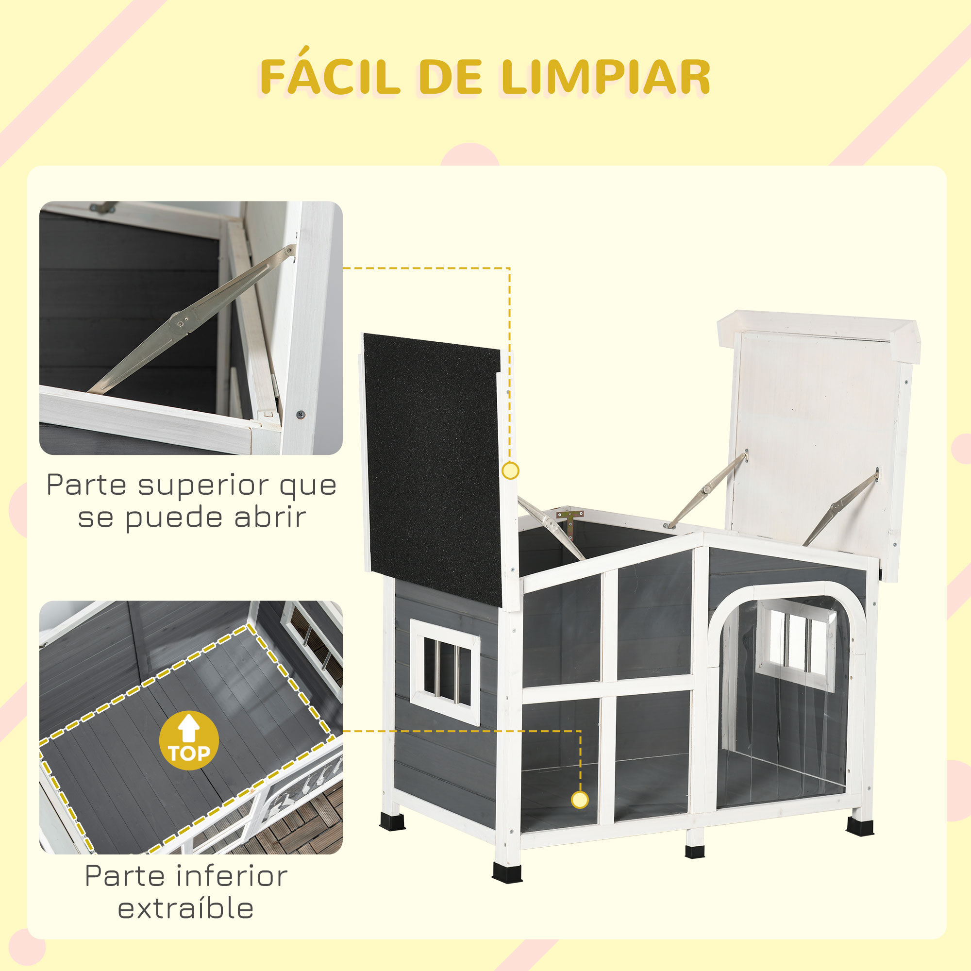 PawHut Caseta para Perros de Madera 101x66,5x70,5 cm Casa para Mascotas con Techo Abatible Frontal de Acr&iacute;lico Puerta con Cortina y Fondo Extra&iacute;ble Gris Oscuro., , large Imagen numero 5