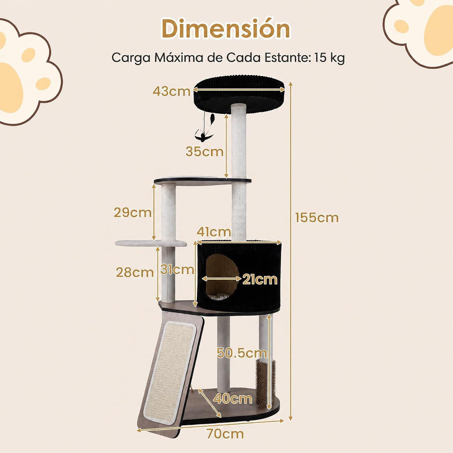 COSTWAY 155 cm &Aacute;rbol Rascador para Gatos con Postes Rascadores y Rampa | Torre de Juegos Multinivel con Casita, Percha Mullida, Plataformas y Juguete Colgante, Centro de Actividades para Gatitos, , large Imagen numero 5