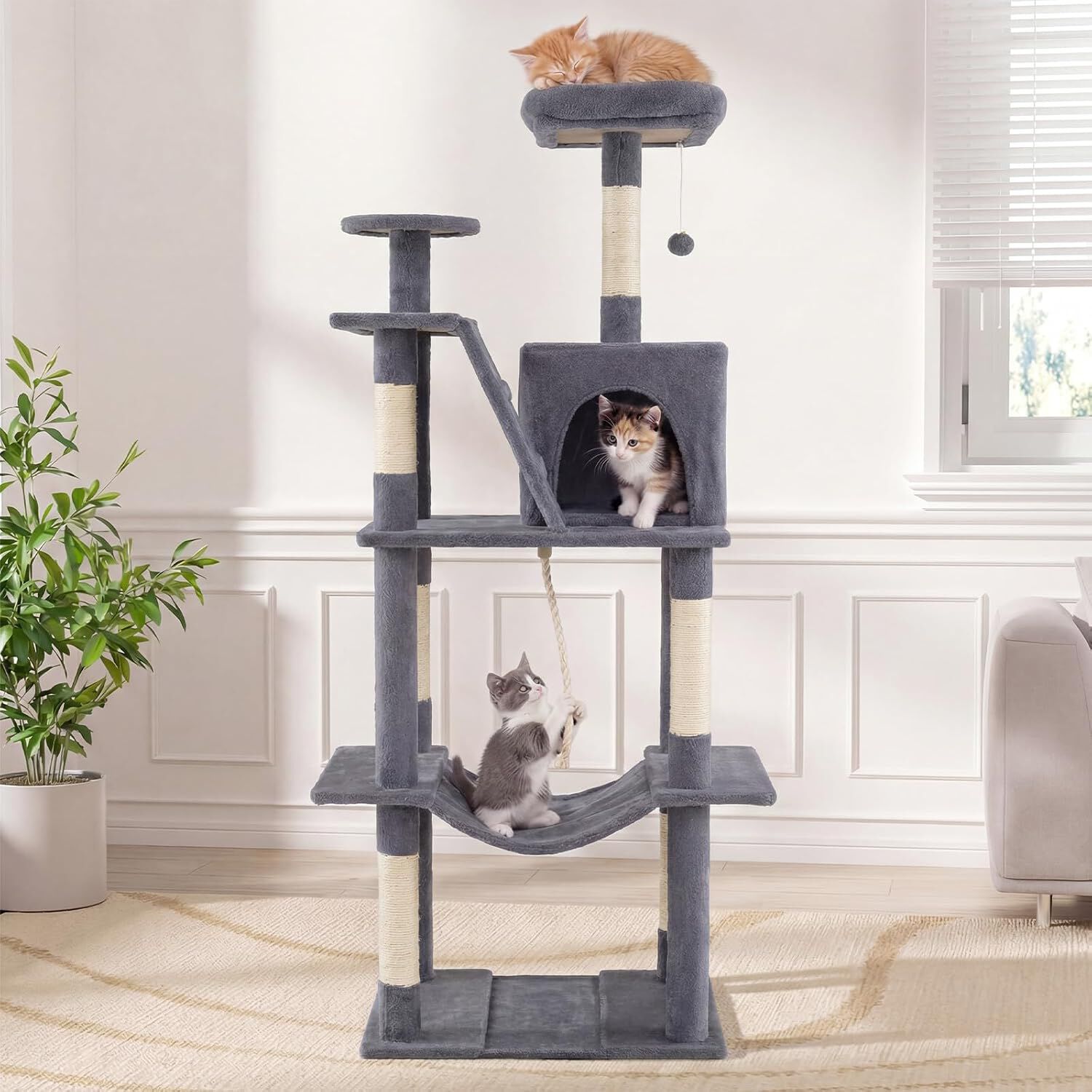 COSTWAY &Aacute;rbol Rascador para Gatos 158 CM, Torre Multinivel con 2 Cuevas Grandes,Hamaca, 3 Postes Rascadores de Sisal, Rampa y Bola Colgante, Torre Rascador de Felpa para Gatos (Gris Oscuro), , large Imagen numero 2
