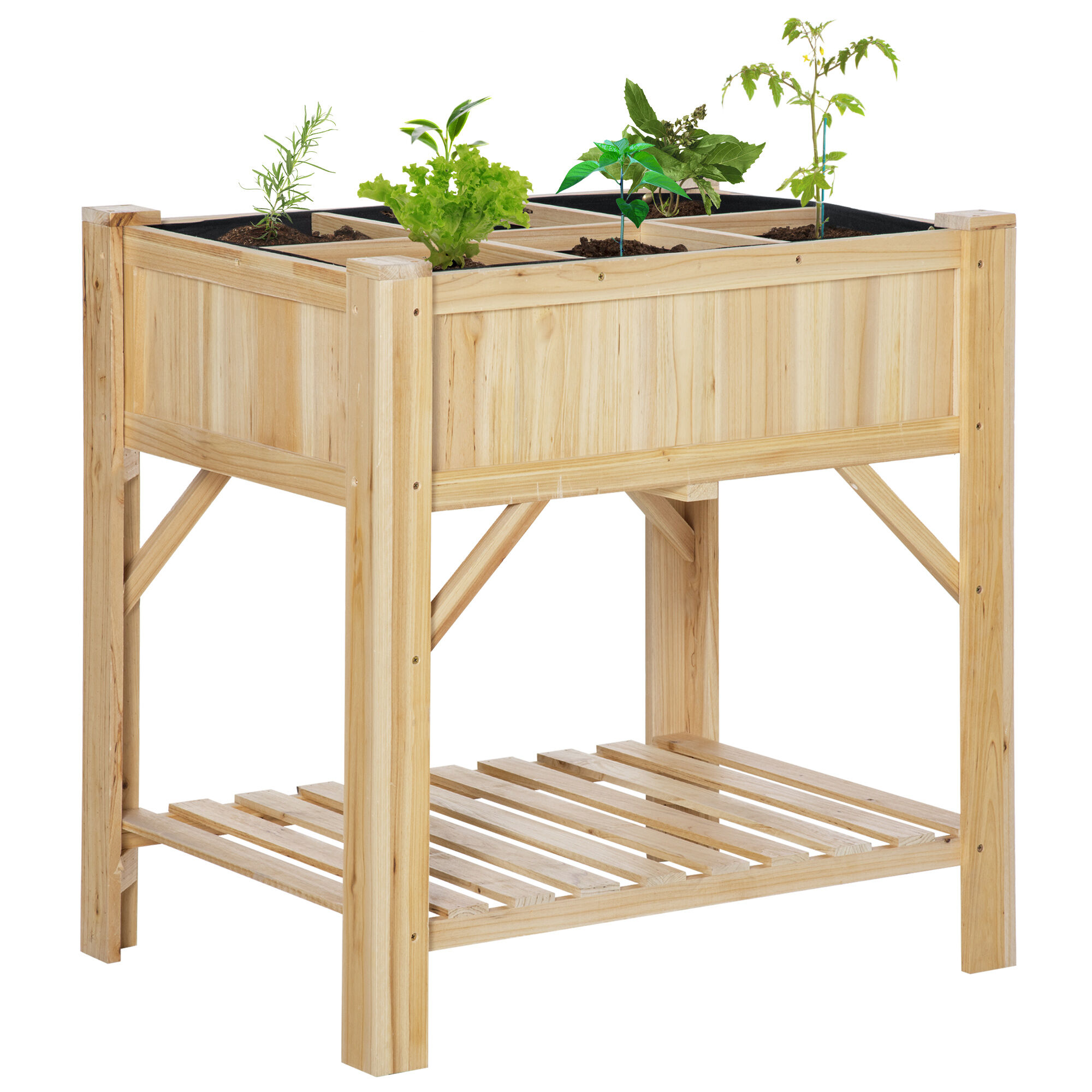 Outsunny Huerto Urbano de Madera 78,5x58x81 cm Mesa de Cultivo con 6 Compartimentos y Estante Inferior para Plantas Flores en Jard&iacute;n Terraza Exterior Color Natural, , large Imagen numero 1