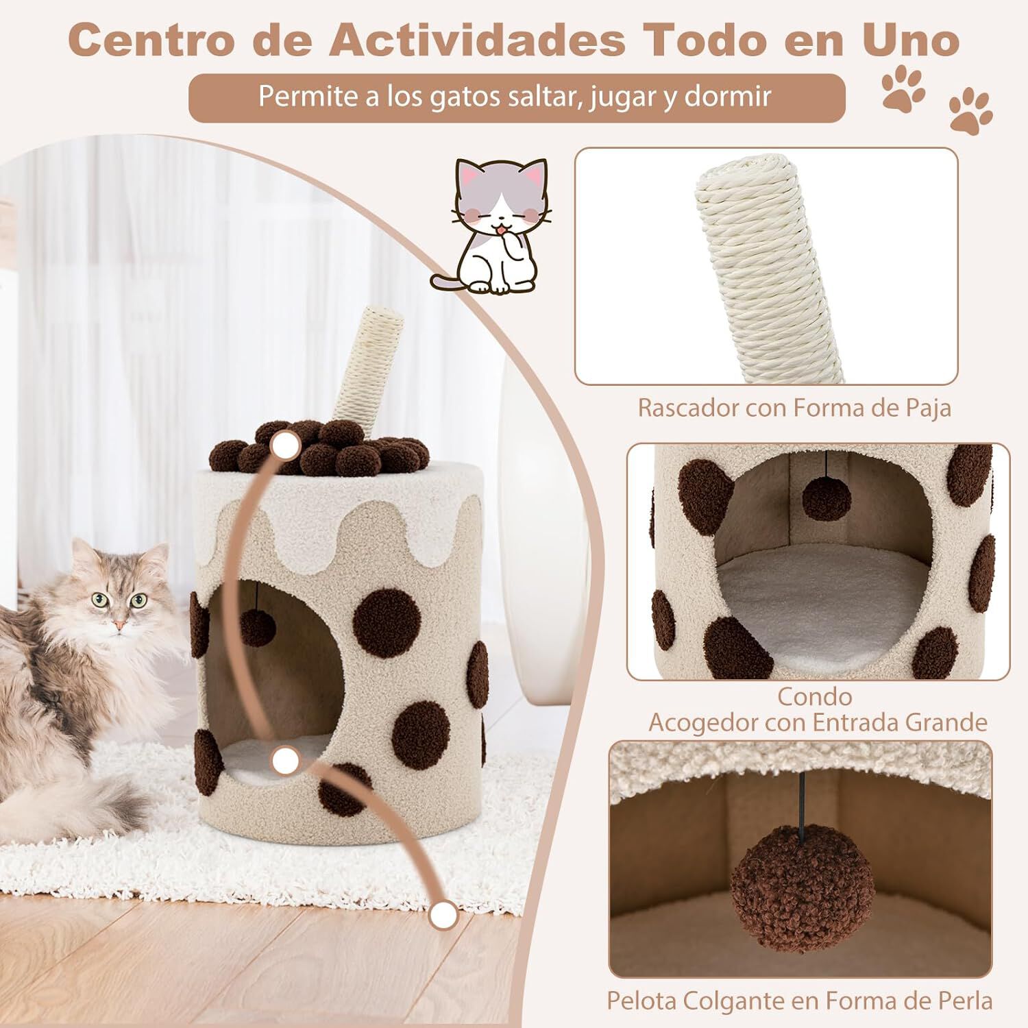 COSTWAY Torre de &Aacute;rbol para Gatos en Forma de T&eacute; de Burbujas, Condominio para Gatos, Cueva para Gatos con Rascador de Sisal y Bola Colgante (Caf&eacute; y Beige), , large Imagen numero 3