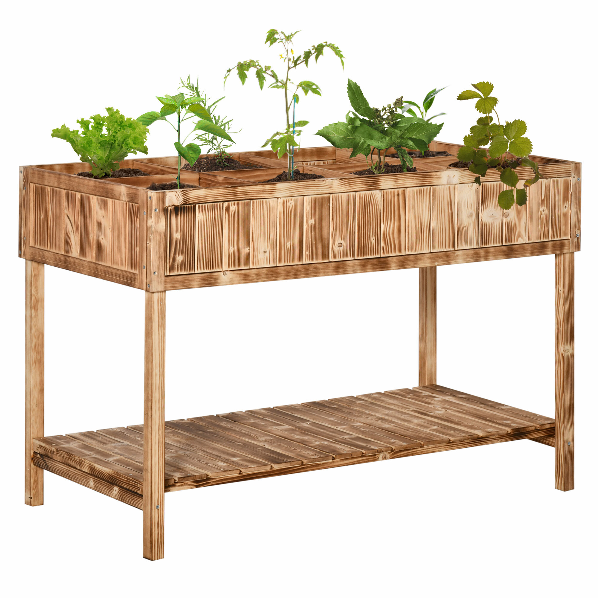 Outsunny Huerto Urbano de Madera 120x60x81 cm Jardinera Elevada para Cultivo de Plantas Flores Mesa de Cultivo con Estante Inferior para Jard&iacute;n Terraza Exterior Carbanizado, , large Imagen numero 1