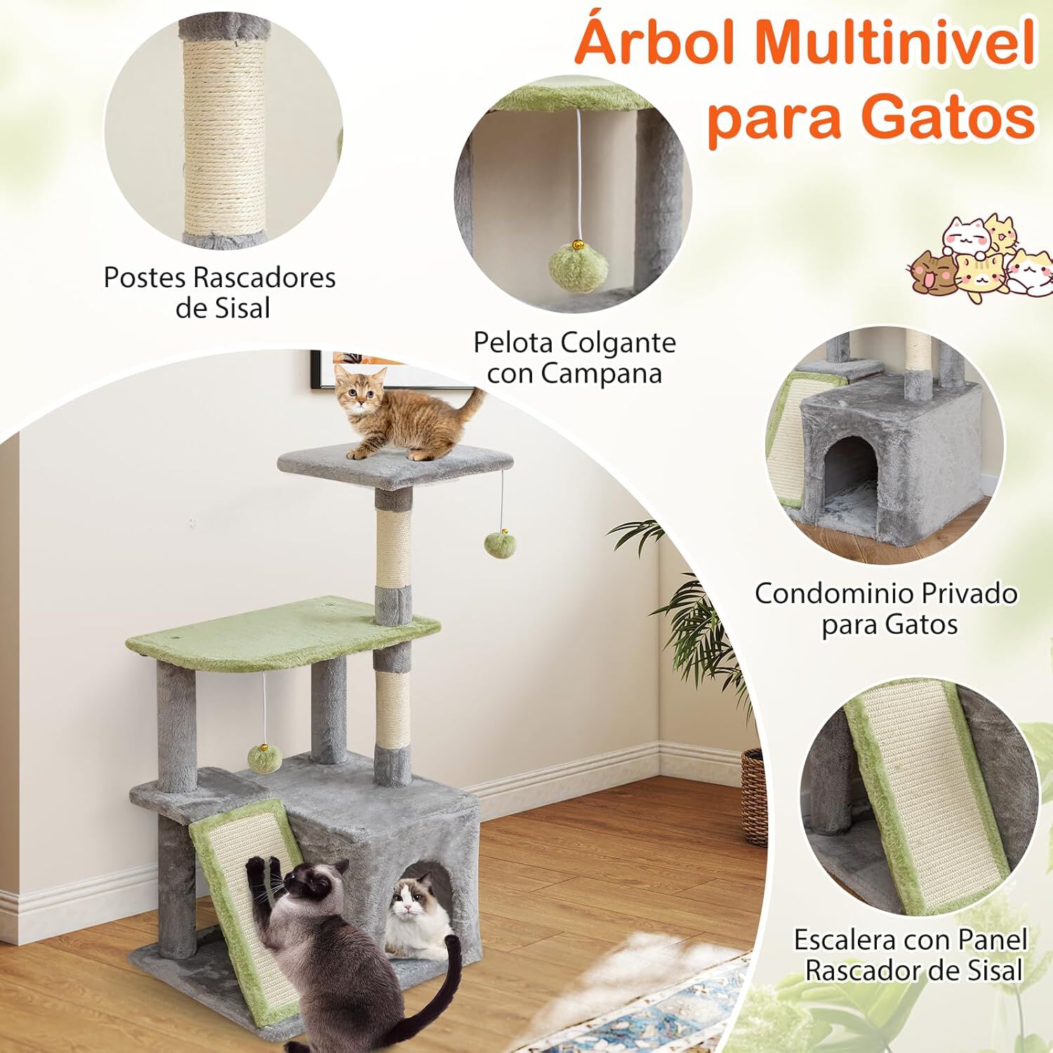 COSTWAY Juego de Muebles para Gatos 3 en 1, &Aacute;rbol para Gatos Grande con M&uacute;ltiples Plataformas, Casas, Cuevas, Postes Rascadores, Juguetes Colgantes, Pared de Escalada para Gato, Tela de Felpa, , large Imagen numero 3