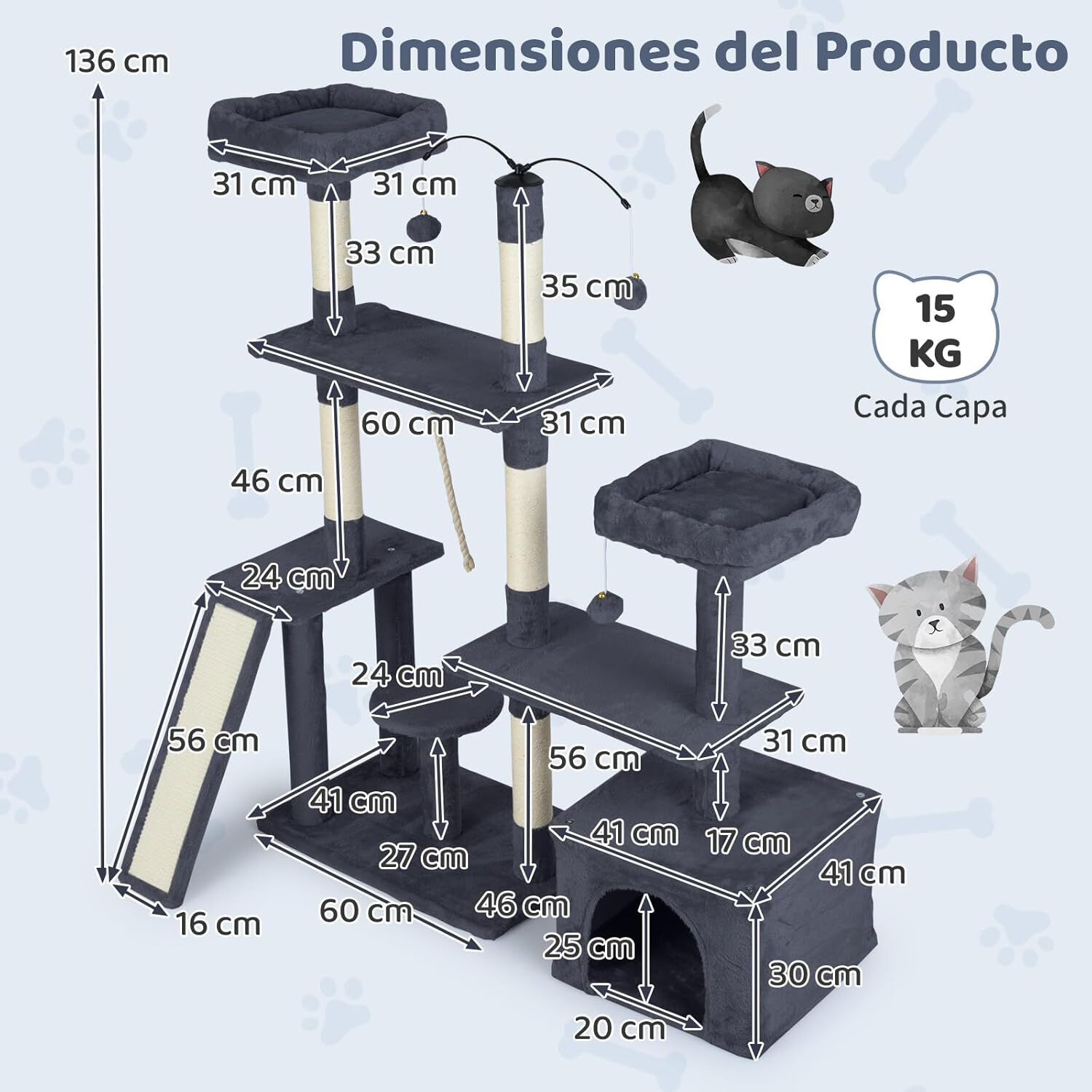 COSTWAY &Aacute;rbol Rascador para Gatos de 136 cm, Castillo para Gato con Postes de Sisal, Rampa, 2 Posaderos Acolchados, Condo Grande, Bolas Colgantes, Torre Rascador para Hogar Varios Gatos (Gris Oscuro), , large Imagen numero 5