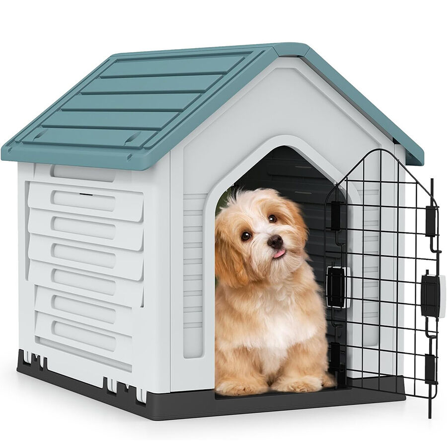 COSTWAY Caseta de Pl&aacute;stico para Perros, Refugio para Mascotas Impermeable con Puerta Met&aacute;lica con Cerradura, Techo Inclinado y Rejillas de Ventilaci&oacute;n, Caseta Perro para Interior y Exterior (Azul), , large Imagen numero 1