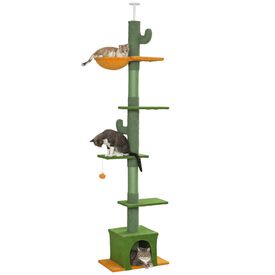PawHut Árbol para Gatos de Suelo a Techo de 230-275 cm, Torre para Gatos con Altura Ajustable, Plataformas, Cueva, Hamaca, Postes de Sisal y Bola de Juguete, Verde