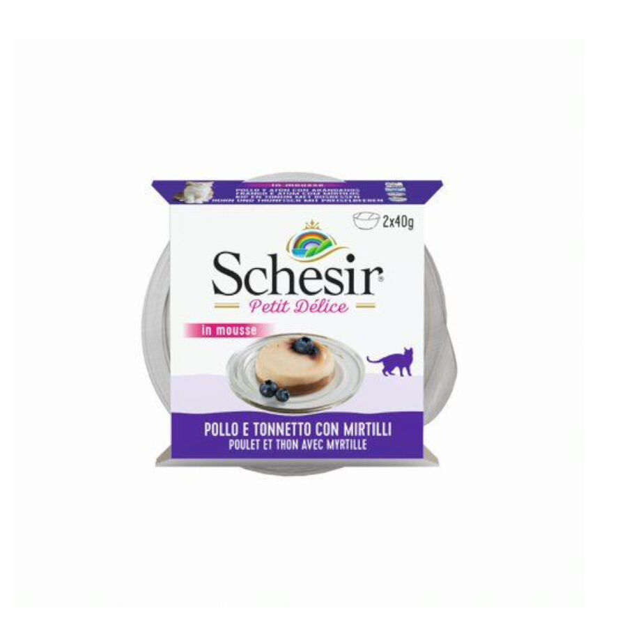 2 sobres x 40 g Schesir Petit D&eacute;lice Mousse de Pollo con At&uacute;n y Ar&aacute;ndanos tarrina para gatos, , large Imagen numero 1