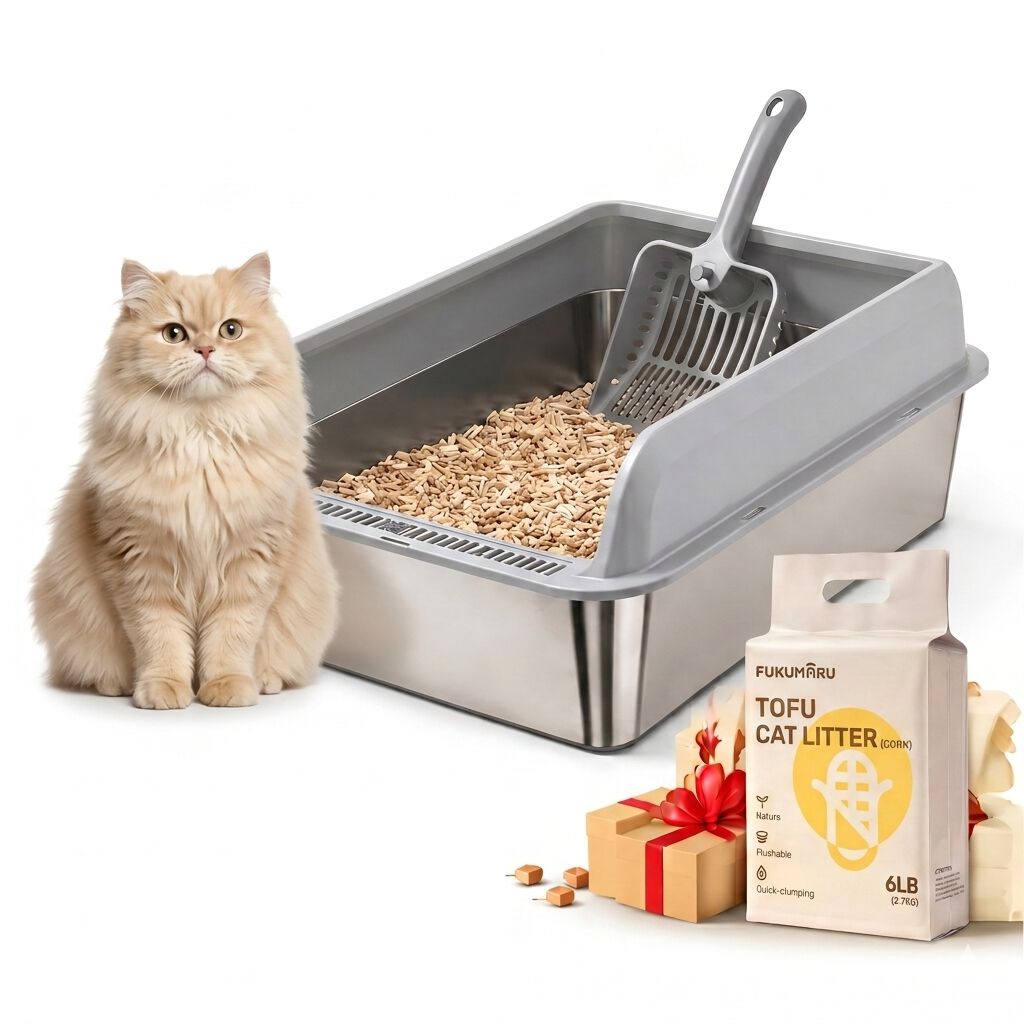 FreshPaw Arenero Grande de Acero Inoxidable para Gatos 70 &times; 50 &times; 29,5 cm, Entrada por el Lado Corto, Bandeja Higi&eacute;nica Antisalpicaduras para Gatos Grandes, con Pala y Arena de Tofu FUKUMARU 2,7 kg de Regalo, , large Imagen numero 1