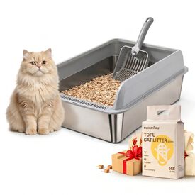 FreshPaw Arenero Grande de Acero Inoxidable para Gatos 70 &times; 50 &times; 29,5 cm, Entrada por el Lado Corto, Bandeja Higi&eacute;nica Antisalpicaduras para Gatos Grandes, con Pala y Arena de Tofu FUKUMARU 2,7 kg de Regalo