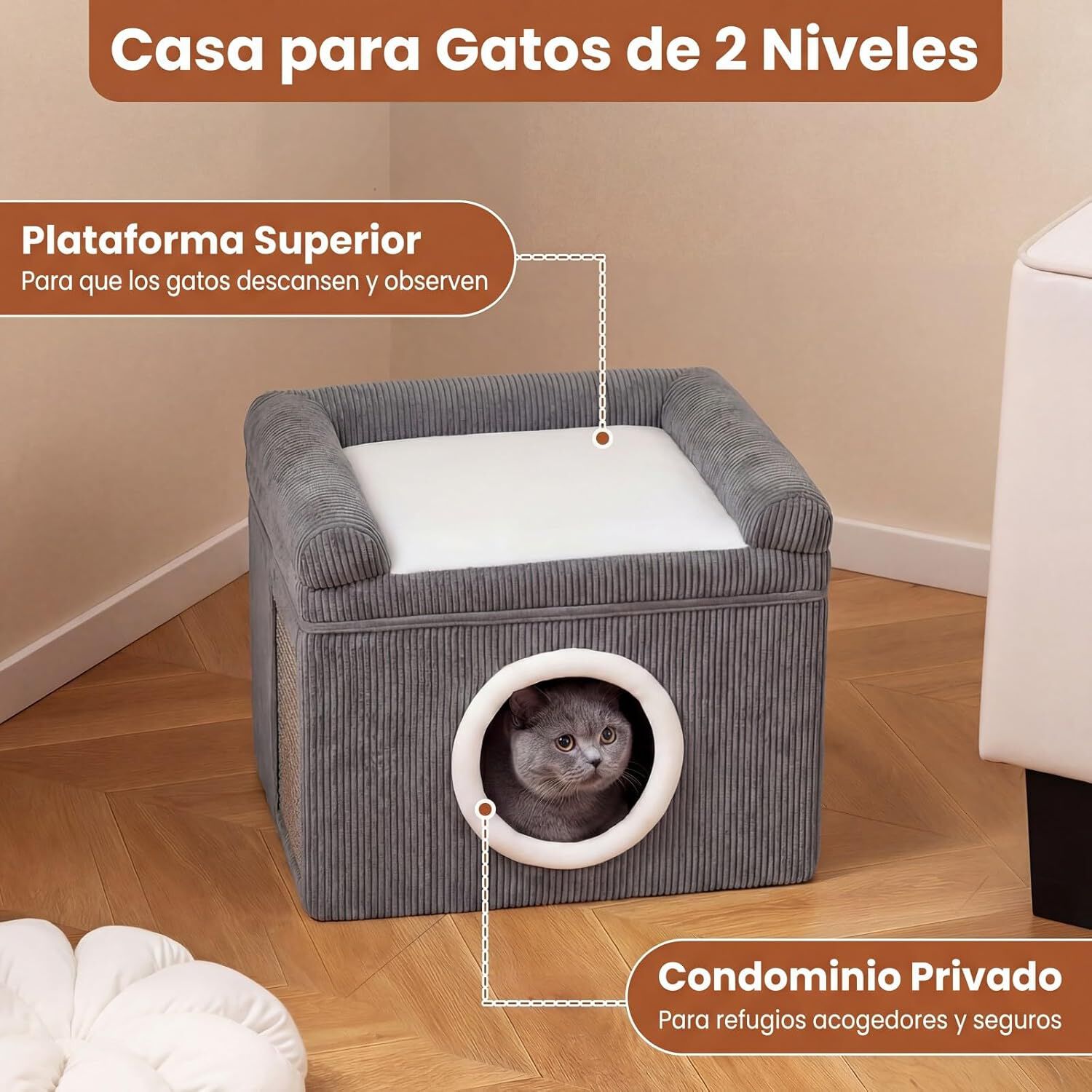 COSTWAY Camas para Gatos de Interior, Gran Cueva para Gatos con Acogedor Condominio, Alfombrilla Rascadora de Sisal, Coj&iacute;n Suave, Base Antideslizante, Casa Plegable Mascotas, Carga 15 kg (Gris), , large Imagen numero 4
