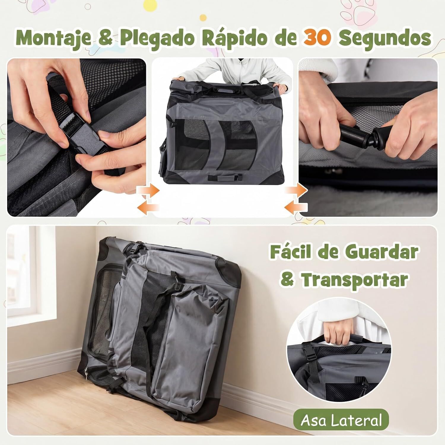COSTWAY Transport&iacute;n para Perros Plegable, Bolsa Transporte para Gatos con Ventanas de Malla, 3 Puertas y Bolsillos Extra&iacute;bles, Portador de Viaje para Mascotas Interior y Exterior (Gris, L), , large Imagen numero 4