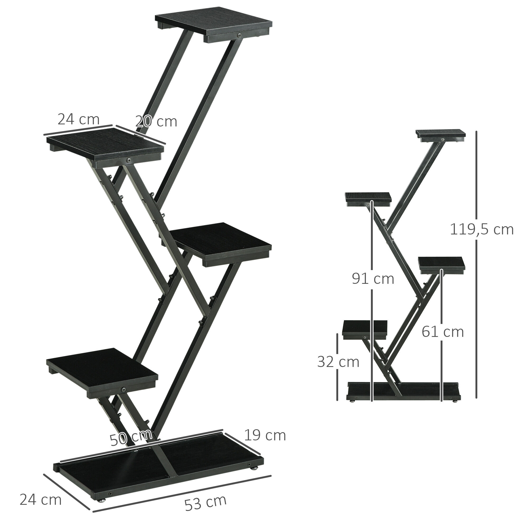 Outsunny Soporte para Plantas de 4 Niveles Estanter&iacute;a de Madera para Macetas con Marco de Acero para Interiores Exteriores Sal&oacute;n Dormitorio 53x24x119,5 cm Negro, , large Imagen numero 3