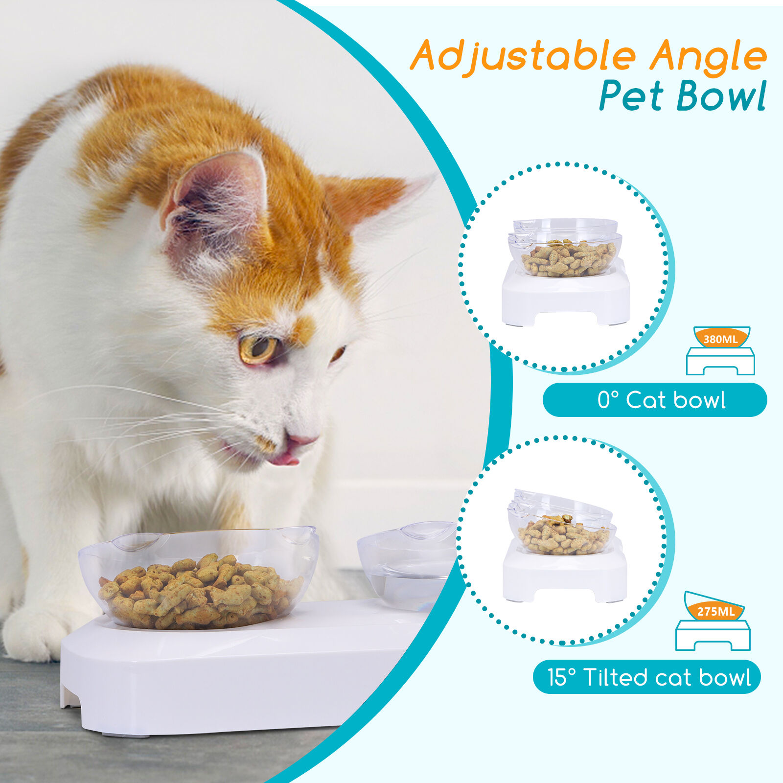 Nobleza - Comedero Gato con 0&deg;y 15&deg;&Aacute;ngulo Ajustable, Cuenco con Soporte Elevado, Comedero Doble Transparente para Perro y Gato, Base de Silicona Antideslizante Comedero para Gatos ( 2 Tazones), , large Imagen numero 3