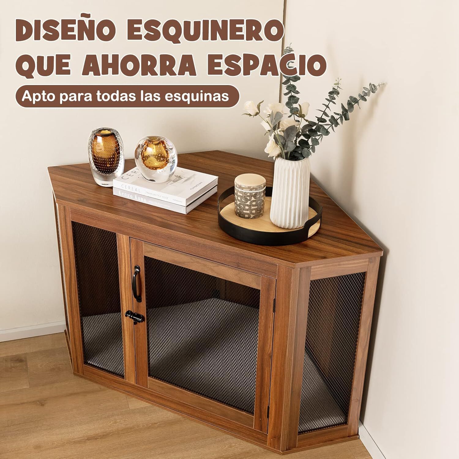 COSTWAY Mueble de Esquina para Mascotas, Casa para Perros con Puerta de Malla y Coj&iacute;n, Jaula para Perros con Estilo de Mueble para Uso Interior, Casa Decorativa para Mascotas para Habitaciones, , large Imagen numero 2