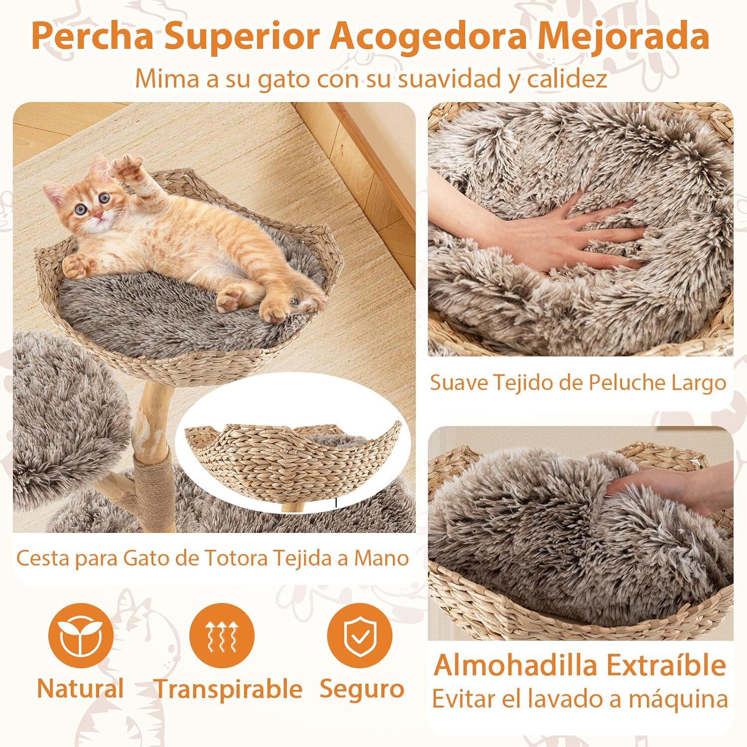 COSTWAY Rascador para Gatos, &Aacute;rbol para Gatos de Madera, Torre para Gatitos con Tronco de Peral S&oacute;lido con Plataforma, Centro de Actividades Moderno con Postes para Rascar de Sisal (Natural, 90 cm), , large Imagen numero 4