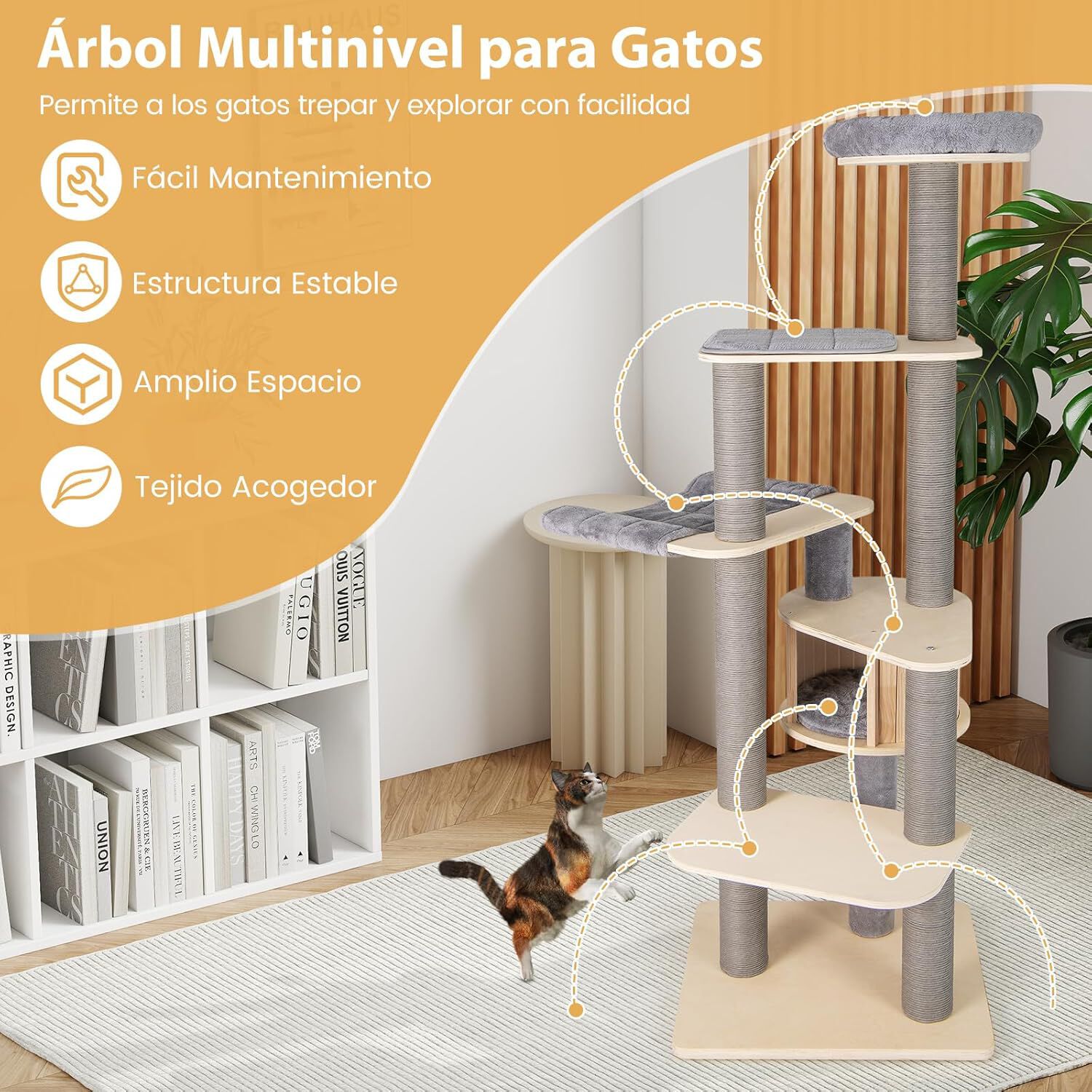 COSTWAY &Aacute;rbol Rascador para Gatos de 197 cm, Torre para Gatos de Varios Niveles con Plataforma Grande, Perchero Acolchado Superior, Condo, Esteras Desmontables, Postes para Rascar, Castillo Gato, Gris, , large Imagen numero 2