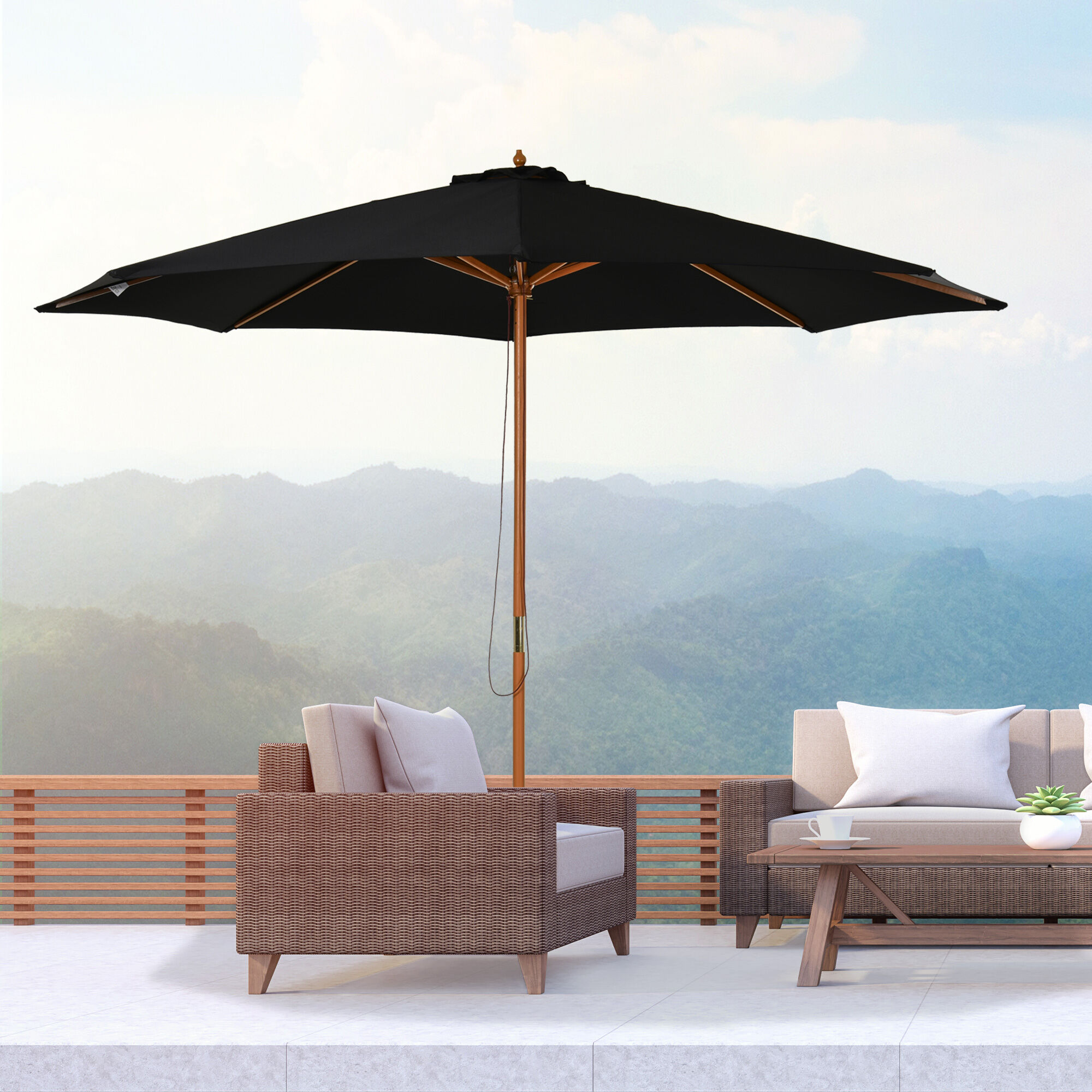 Outsunny Sombrilla Parasol de Jard&iacute;n &Oslash;300x250 cm con Sistema de Pestillo de Fijaci&oacute;n Techo Ventilado y Poste Desmontable de Madera para Terraza Patio Exterior Negro, , large Imagen numero 2