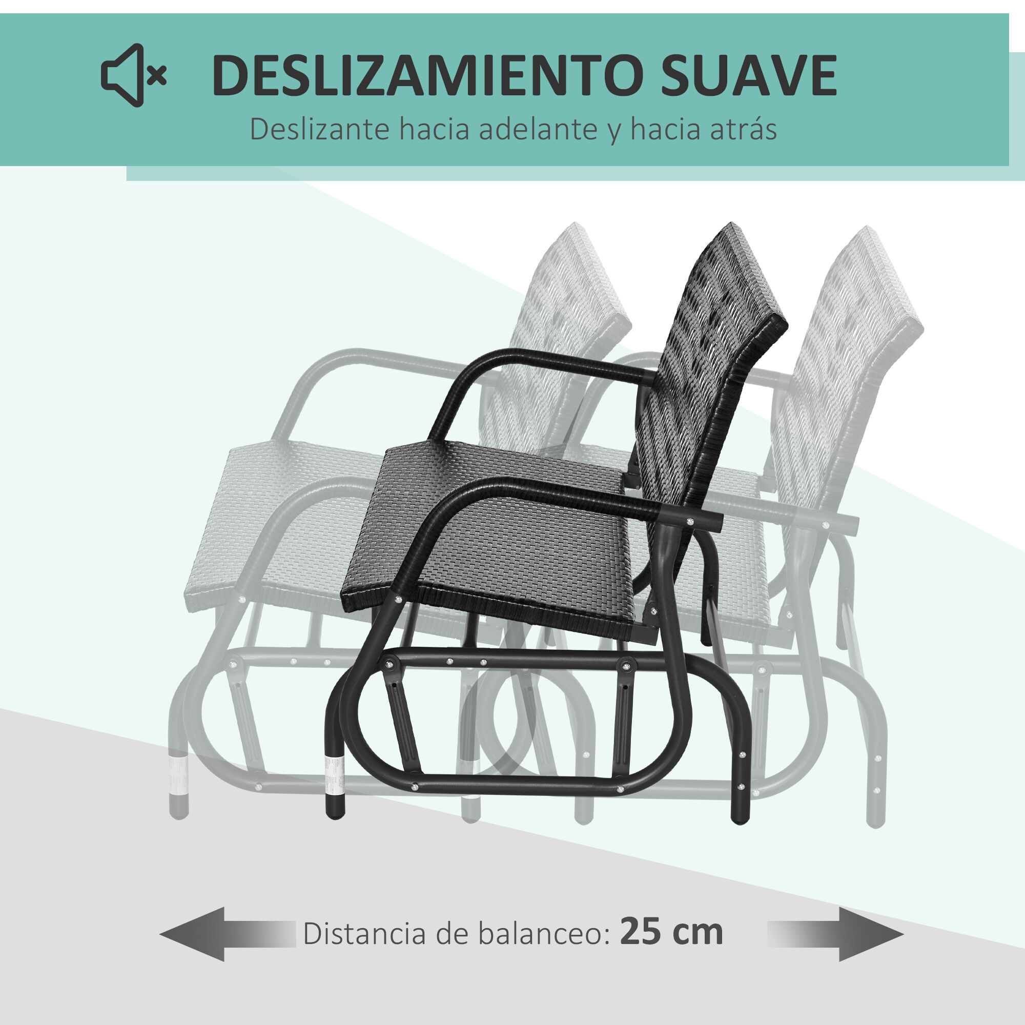 Outsunny Mecedora de Rat&aacute;n de 2 Plazas Banco Balanc&iacute;n de Jard&iacute;n con Balanceo Ergon&oacute;mico y Marco de Metal para Terraza Balc&oacute;n Exterior Patio Hotel Carga 220 kg 120x70x84 cm Negro, , large Imagen numero 4