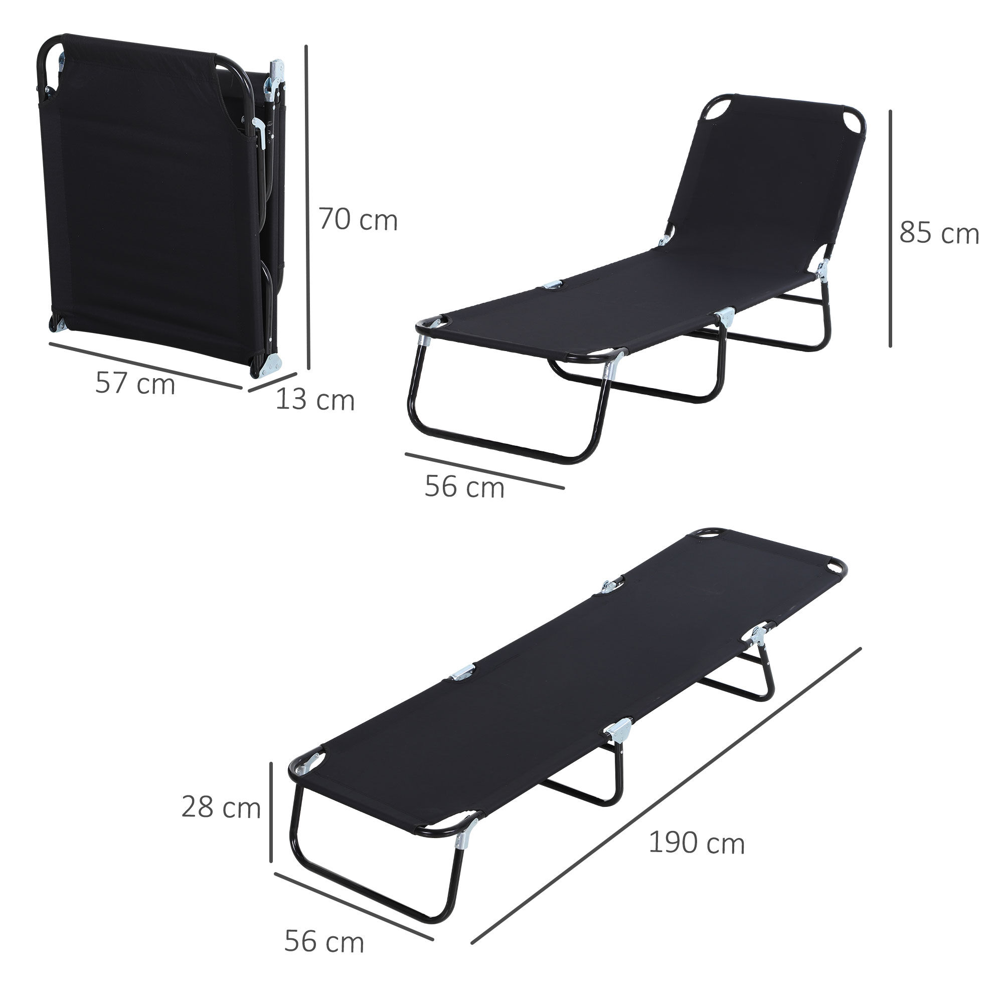Outsunny Tumbona Plegable Reclinable con &Aacute;ngulo Ajustable de 5 Posiciones para Jard&iacute;n Exterior Piscina Terraza Camping Carga 120 kg 188x56x28 cm Negro, , large Imagen numero 3
