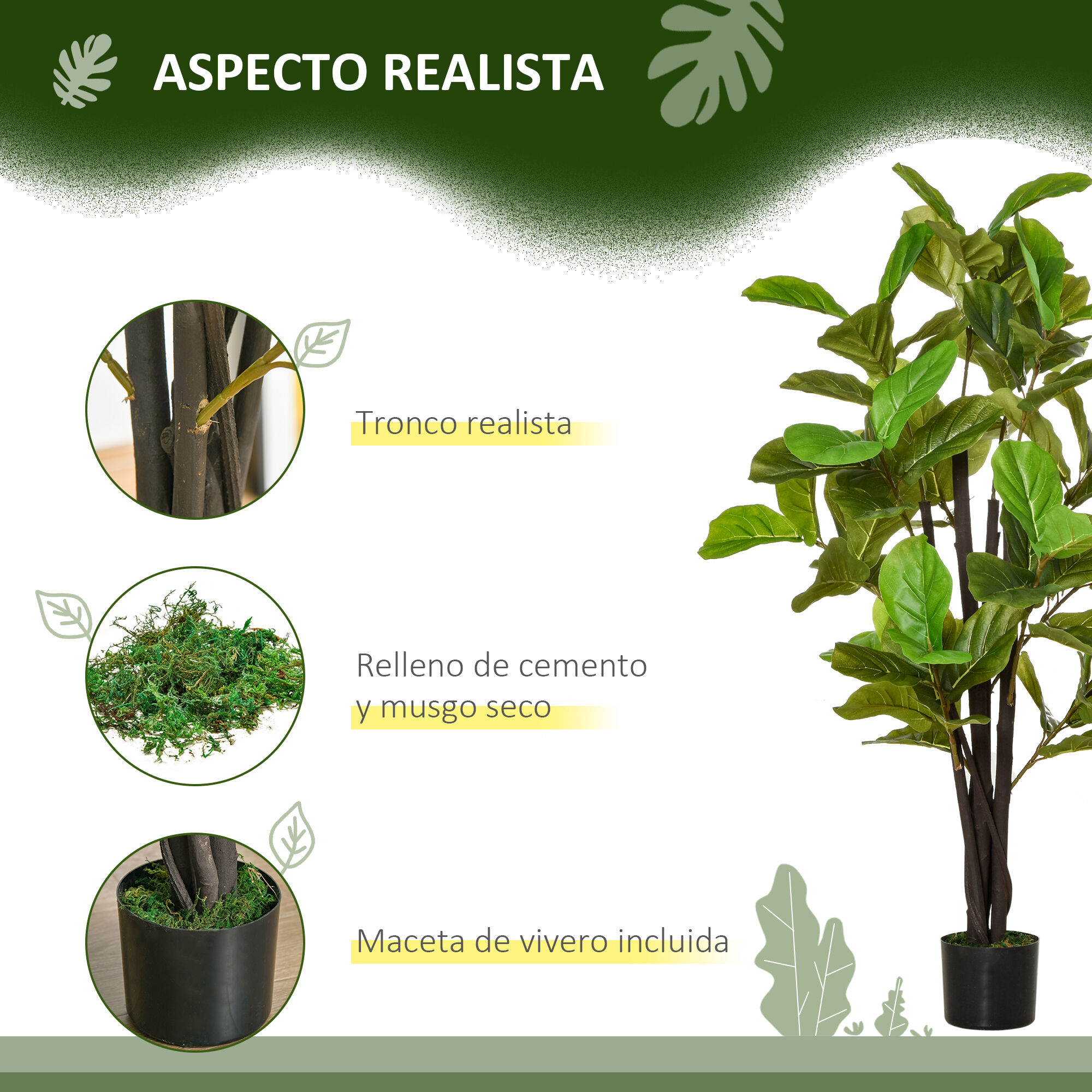 HOMCOM Ficus Artificiales 130 cm Plantas Artificiales con Maceta Plantas Artificiales Decorativas para Interior y Exterior Hogar Sal&oacute;n Oficina Verde, , large Imagen numero 4