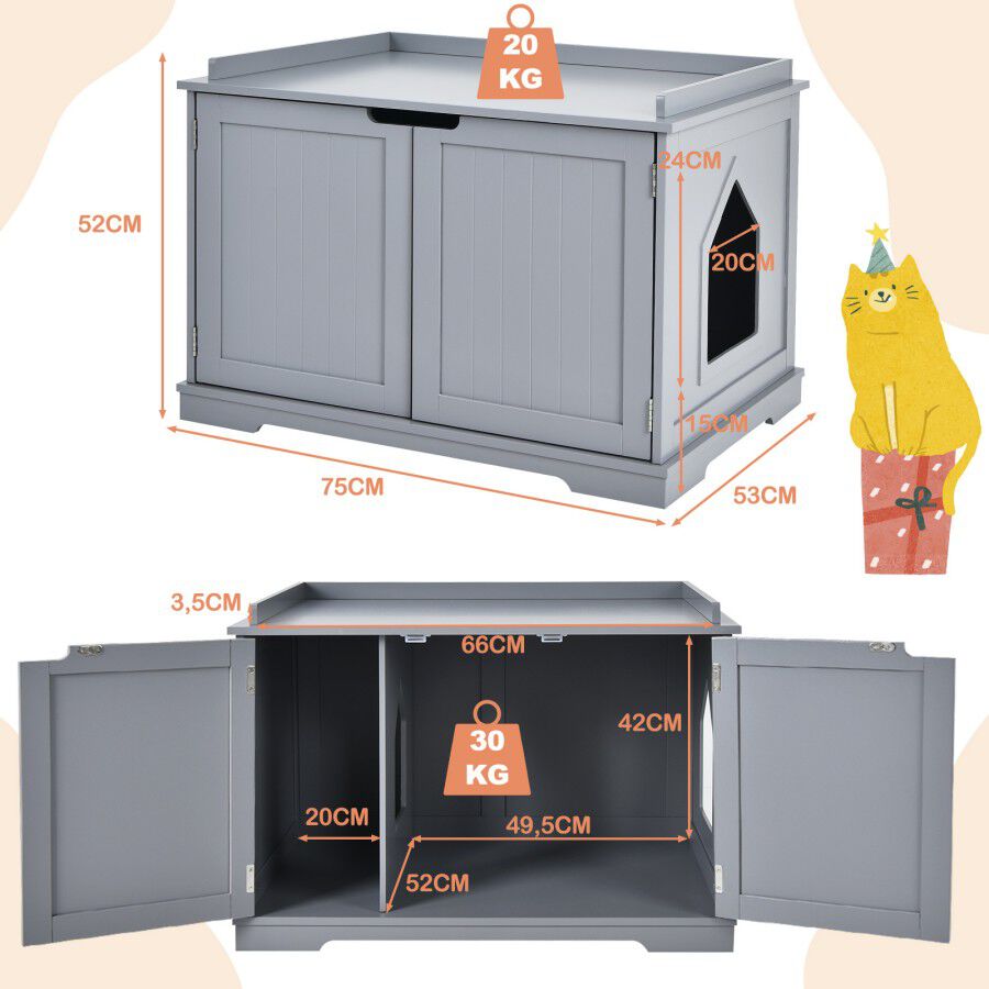 COSTWAY Casita para Gatos, Arenero para Gatos, Casita para Mascotas, Casa para Gatos, Recinto con Hoyo para Gatos, Caja para Animales con Estructura de Madera Resistente (Gris), , large Imagen numero 5