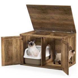 COSTWAY Mueble Arenero para Gatos, Ba&ntilde;o para Gatos con Puertas de Granero Dobles, Tapa Abatible, 80 x 54 x 53,5 cm, Casa para Gato para Interiores, Divisor Removible, Entrada Lateral, Roble