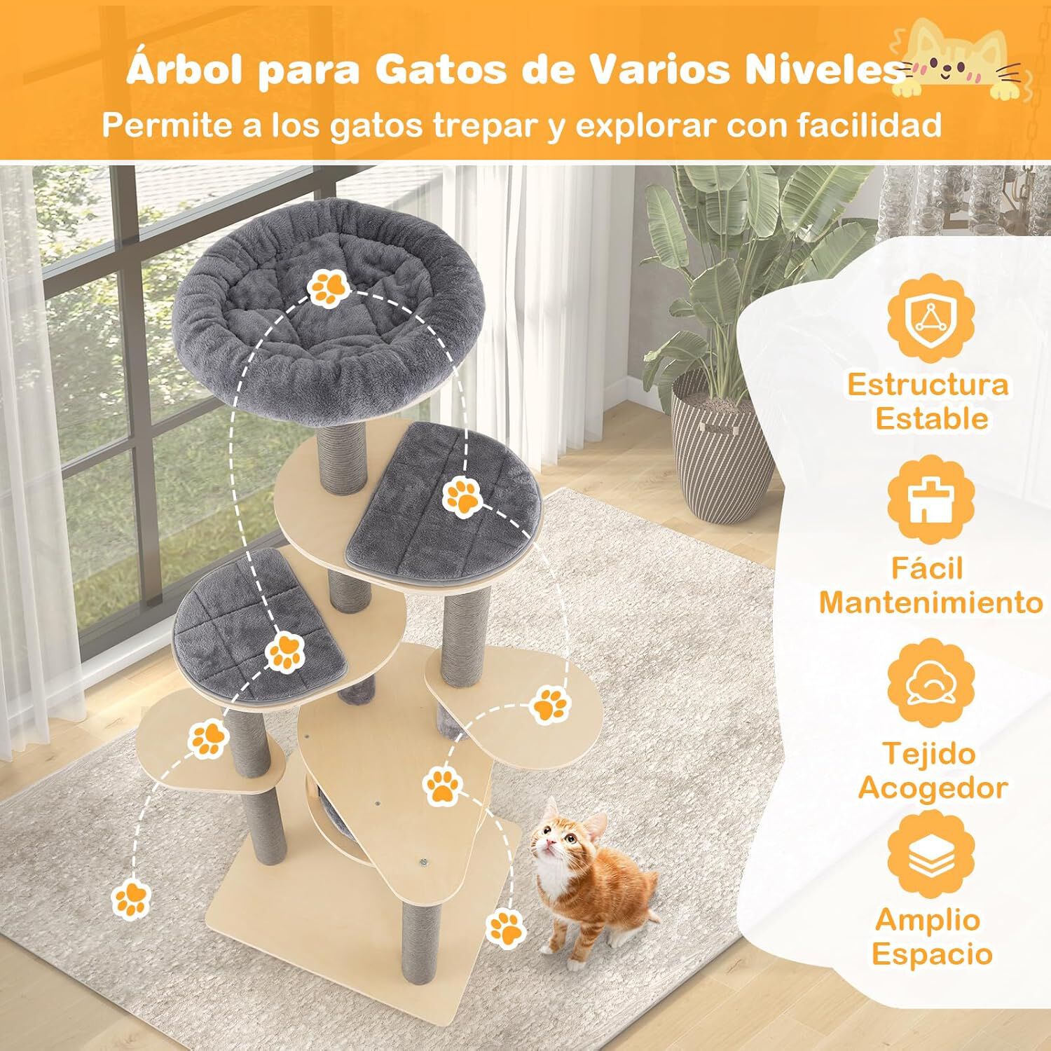 COSTWAY &Aacute;rbol Rascador para Gatos Grandes de 197 cm, Torre de Escalador para Gatos de M&uacute;ltiples Niveles con Acolchado Superior, Casa, Alfombrillas Desmontables, Postes para Rascar, Base Estable, Gris, , large Imagen numero 2