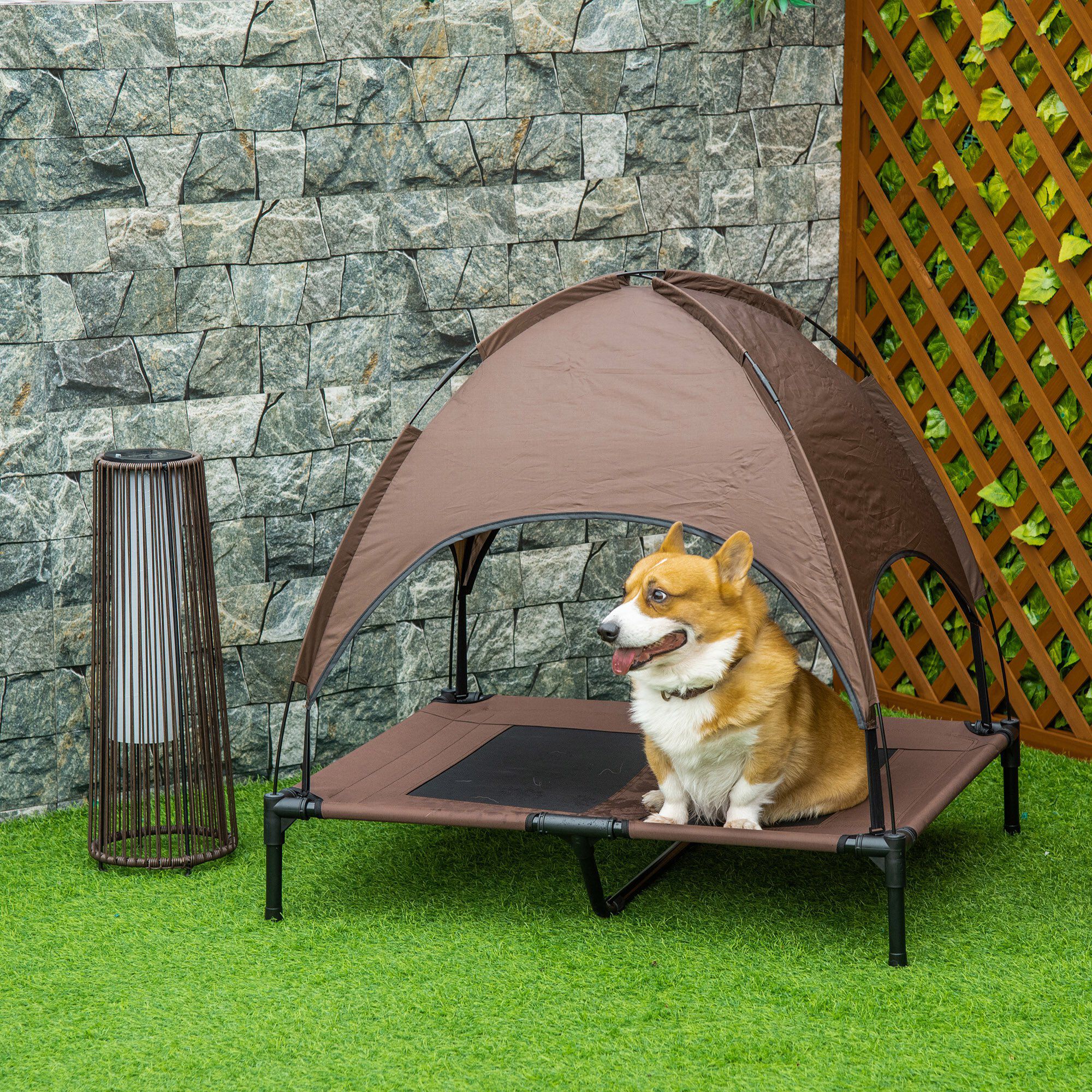 PawHut Cama con Parasol Elevada marrón para perros y gatos thumbnail