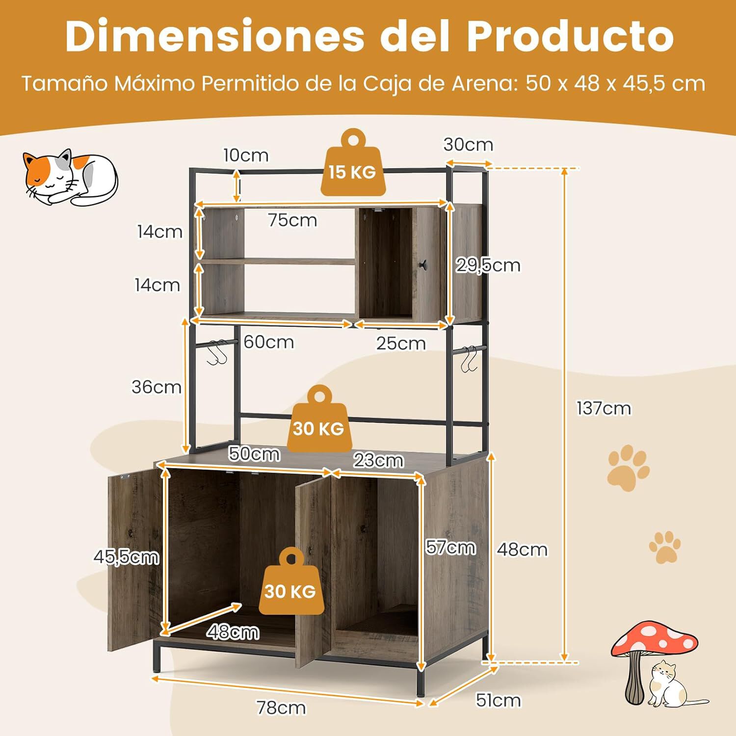 COSTWAY Mueble Arenero para Gatos, 78x51x137 cm, Caja de Arena Grande para Gatos con Estantes de Almacenamiento, Ganchos y Tablero Rascador, Estructura Met&aacute;lica, Mueble Auxiliar Gato para Sal&oacute;n, , large Imagen numero 5