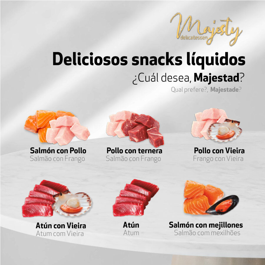 6 sobres x 15 g Majesty Pollo con Ternera snack l&iacute;quido para gatos, , large Imagen numero 3