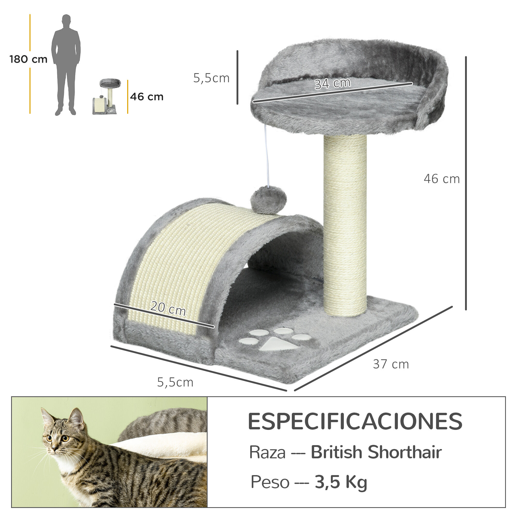 PawHut Árbol Rascador con Poste Tablero para Rascar Plataformas y Juguete de Bola Colgante  para Gatos thumbnail