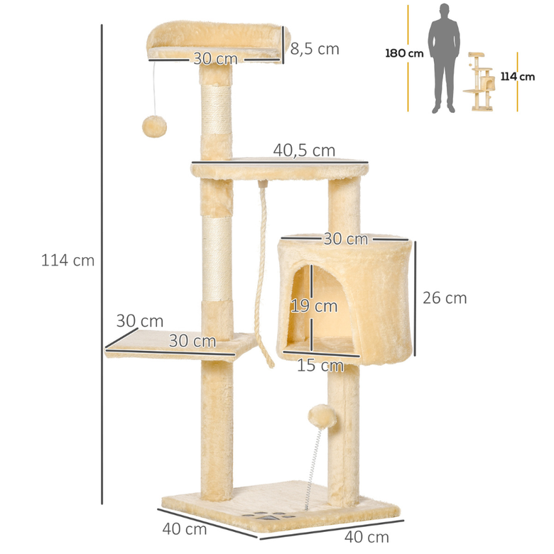 Pawhut &aacute;rbol rascador con plataforma casetas y bolas de juego beige para gatos, , large Imagen numero 3