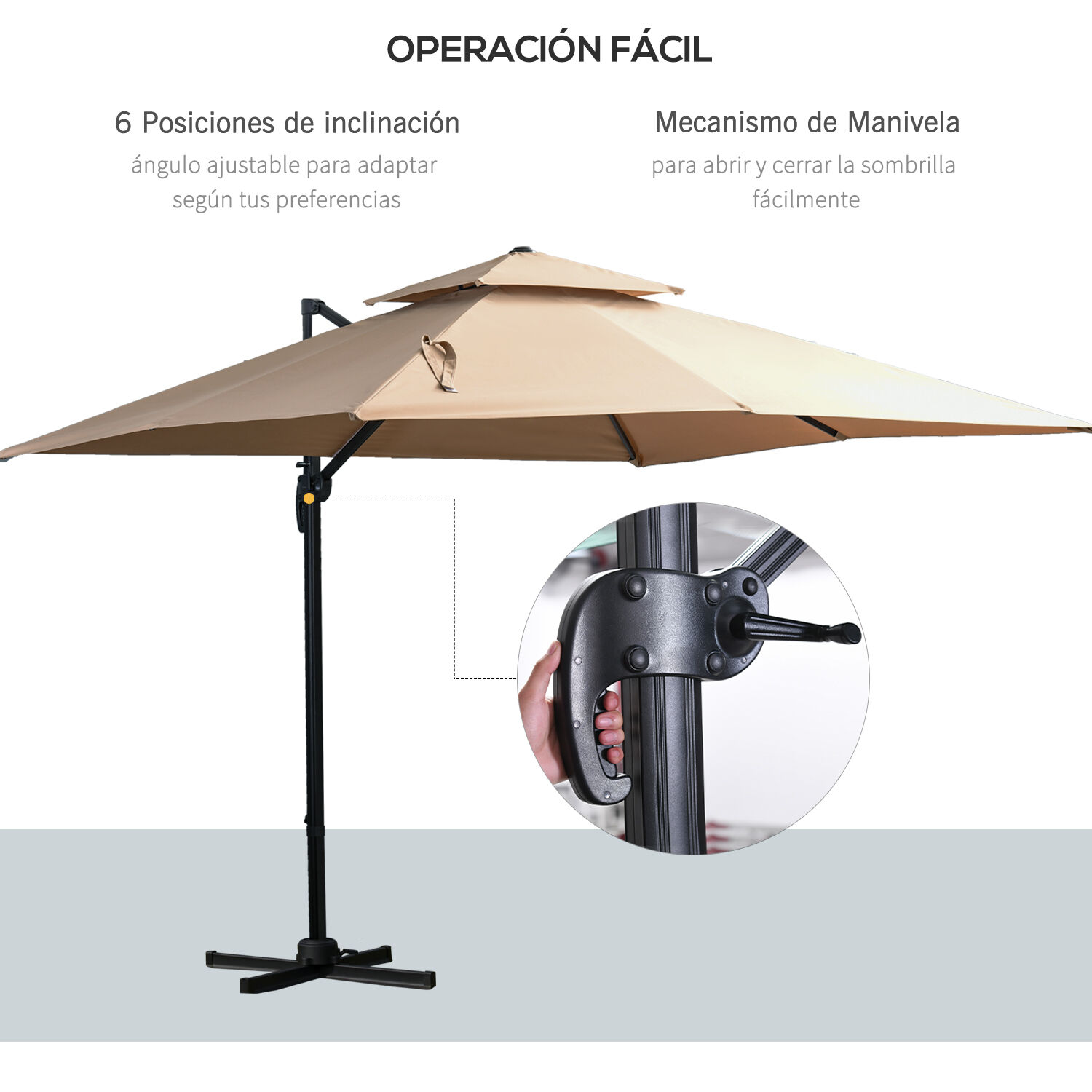 Outsunny Sombrilla de Jard&iacute;n 300x300 cm Parasol de Aluminio con Manivela Poste Giratorio 360&deg; Doble Techo Inclinable en 6 Posiciones y Base Cruzada Incluida Caqui, , large Imagen numero 4