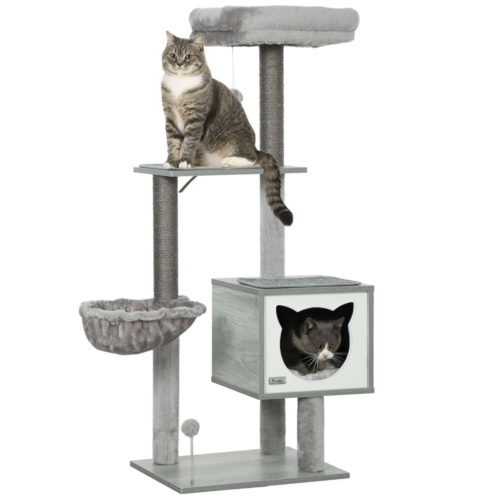 PawHut Árbol Rascador para Gatos, Árbol para Gatos 126 cm, Torre Escalador con Plataformas, Hamaca, Cueva, Cama, Postes de Sisal, Bolas y Cojines Lavables, Gris thumbnail
