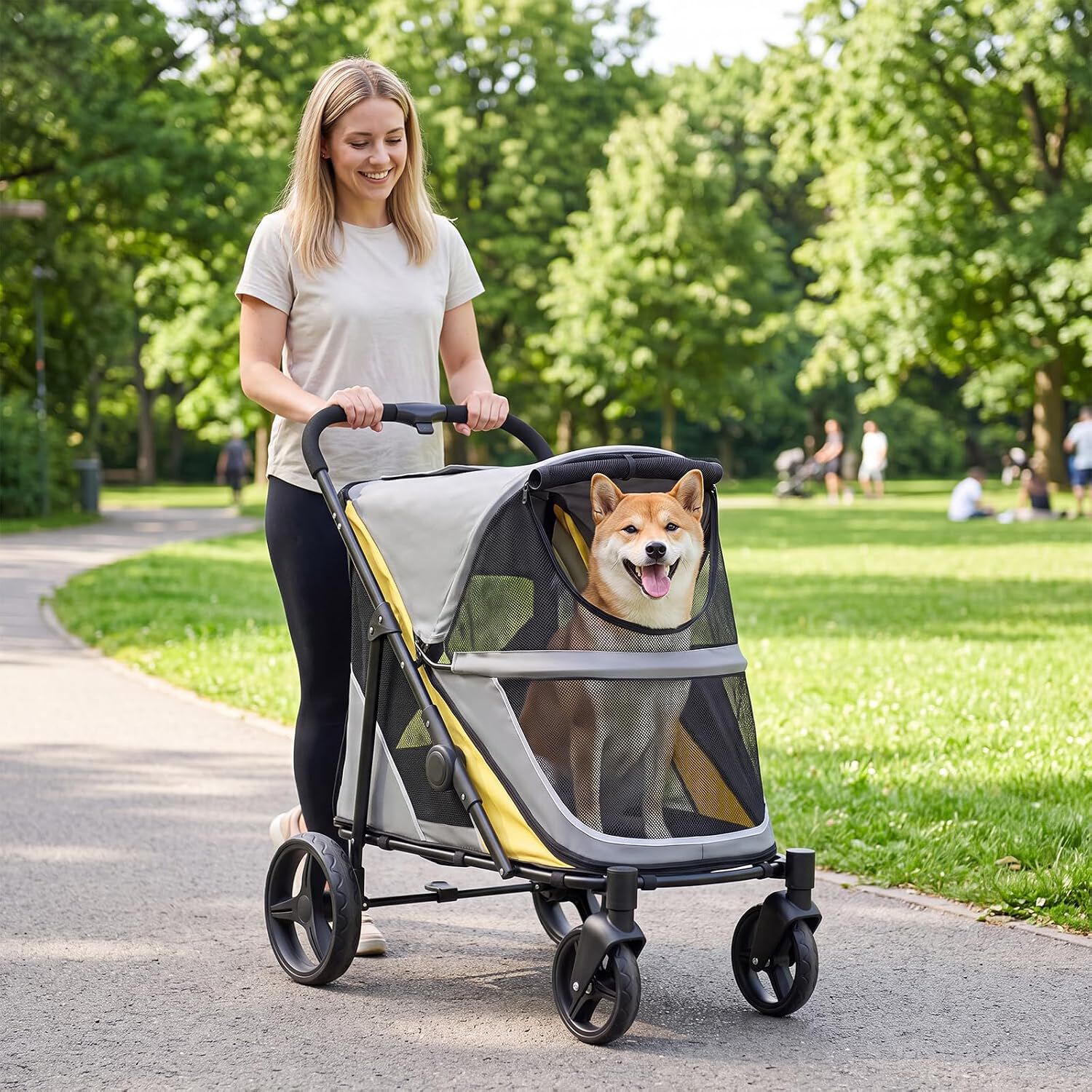 COSTWAY Cochecito Plegable de Acero de Alto Carbono para Mascotas, Carro Perro con Freno Trasero, Puertas con Cremallera, 3 Ventanas, Coj&iacute;n Extra&iacute;ble, Bolsillo y Portavasos, 105 x 68 x 72 cm, , large Imagen numero 2