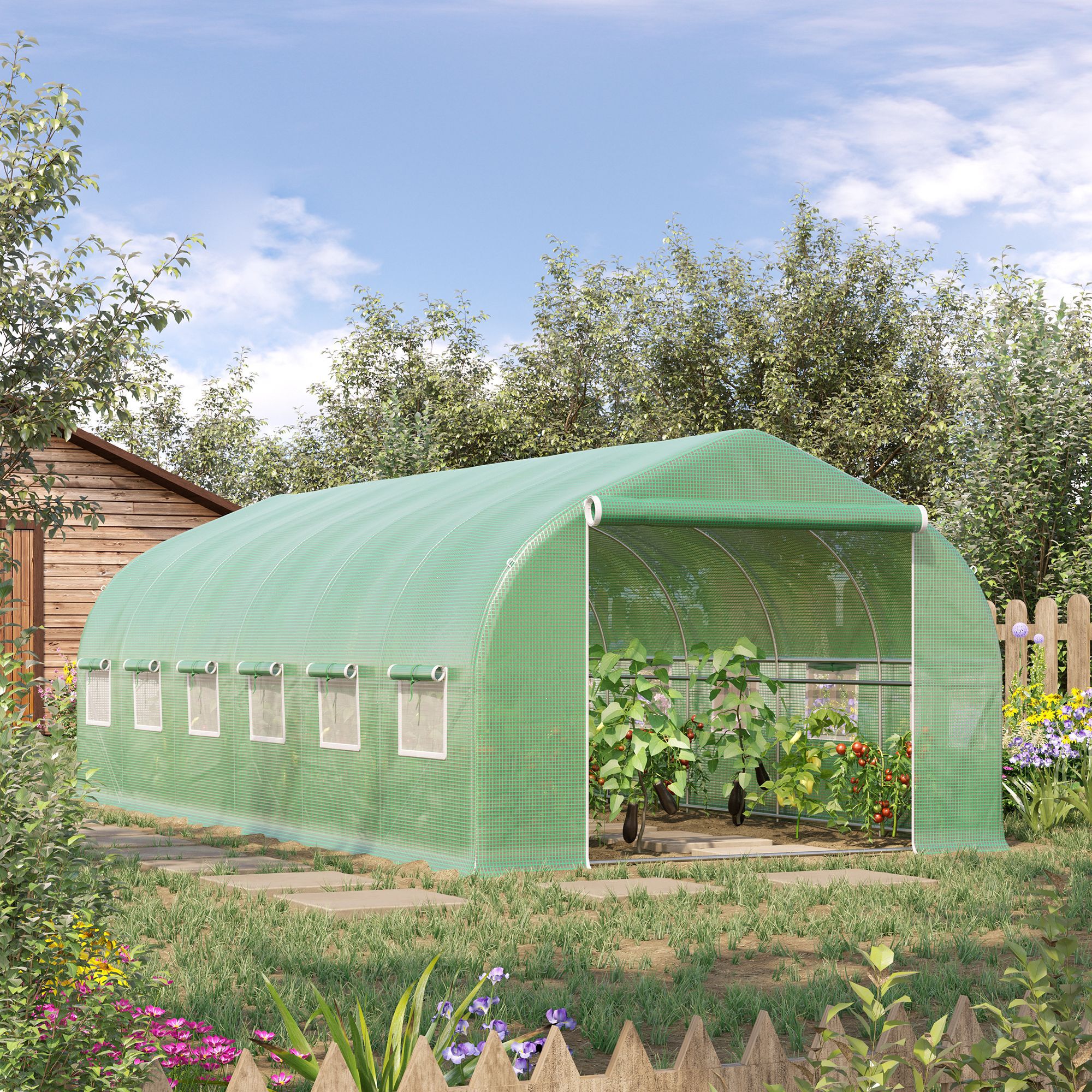 Outsunny Invernadero de T&uacute;nel 6x3x2 m Invernadero de Jard&iacute;n con Puerta y 12 Ventanas Enrollables de Polietileno y Acero Galvanizado Huerto para Cultivos Plantas Flores Verde, , large Imagen numero 2