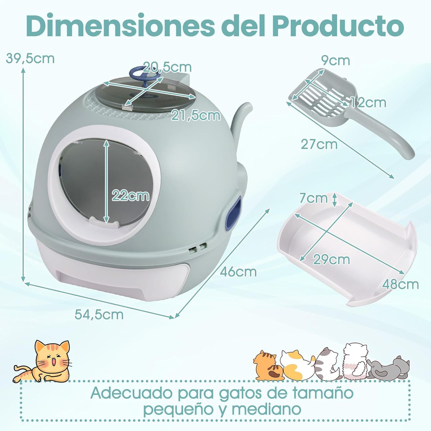 COSTWAY Arenero para Gatos Cubierto, Estilo Helic&oacute;ptero, Caja de Arena Plegable para Gato con Entrada Frontal y Salida Superior, Pala, Bandeja Port&aacute;til para Gatos Grandes, 54 x 46 x 39 cm (Azul), , large Imagen numero 5