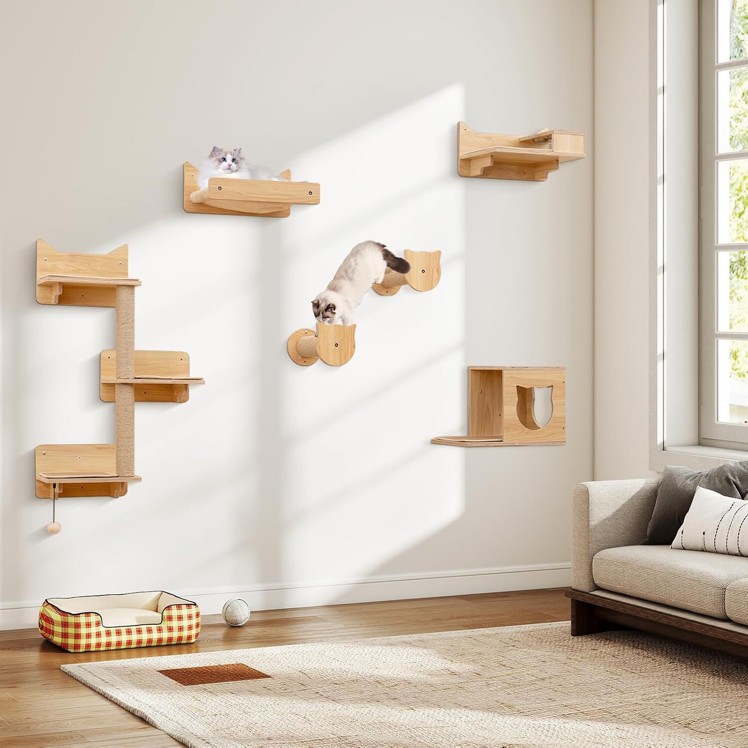 COSTWAY Juego de Muebles de Pared para Gatos de 6 Piezas, Estantes con Hamaca, Cuenco, Árbol de 3 Escalones y Postes Rascadores, Parque para Gatitos de Interior, Natural thumbnail