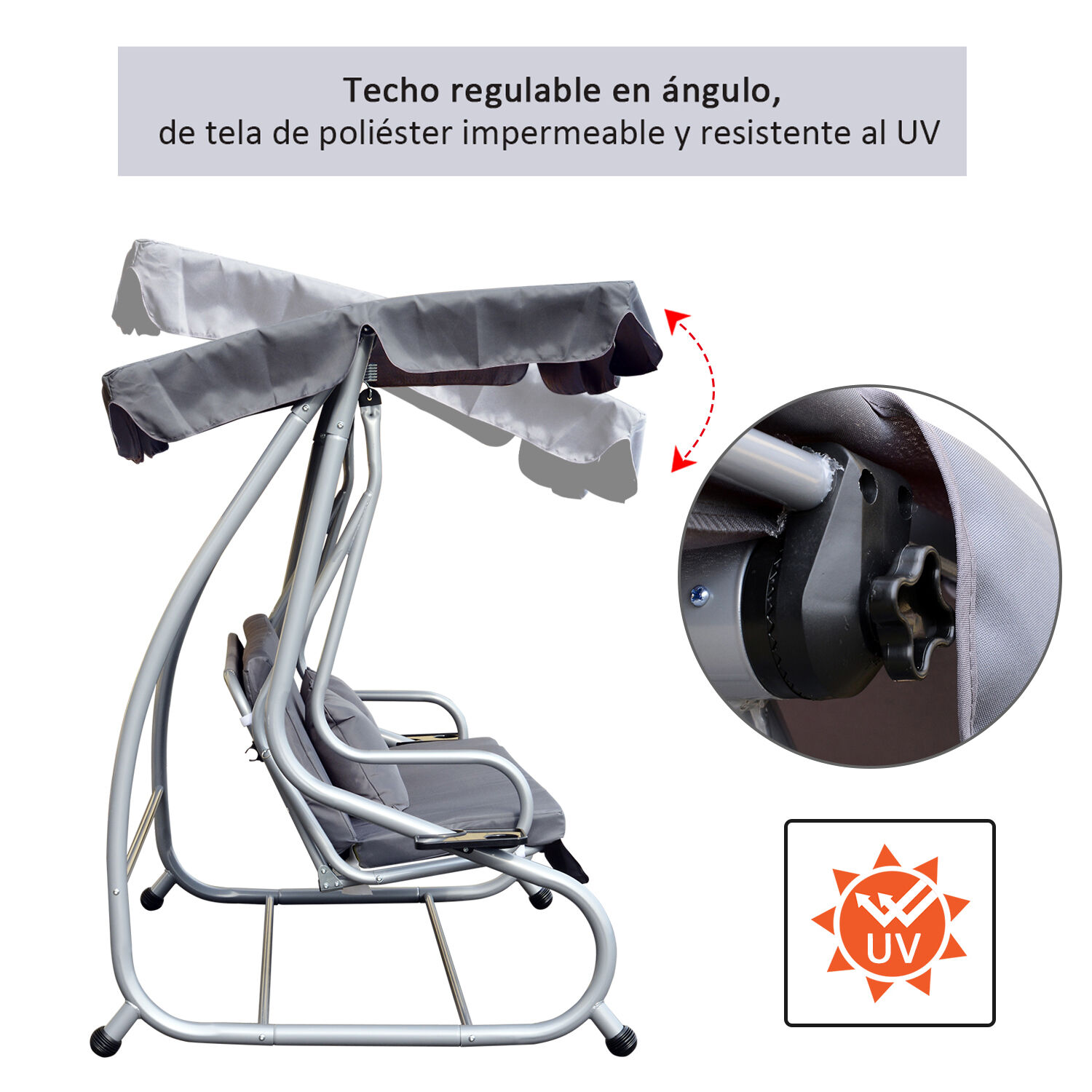 Outsunny Columpio Balanc&iacute;n Jard&iacute;n 3 Plazas Convertible en Cama Techo Parasol Regulable Bandeja para Bebida Terrza Balc&oacute;n Exterior Carga m&aacute;x. 340kg Acero 200x120x164cm Gris, , large Imagen numero 5