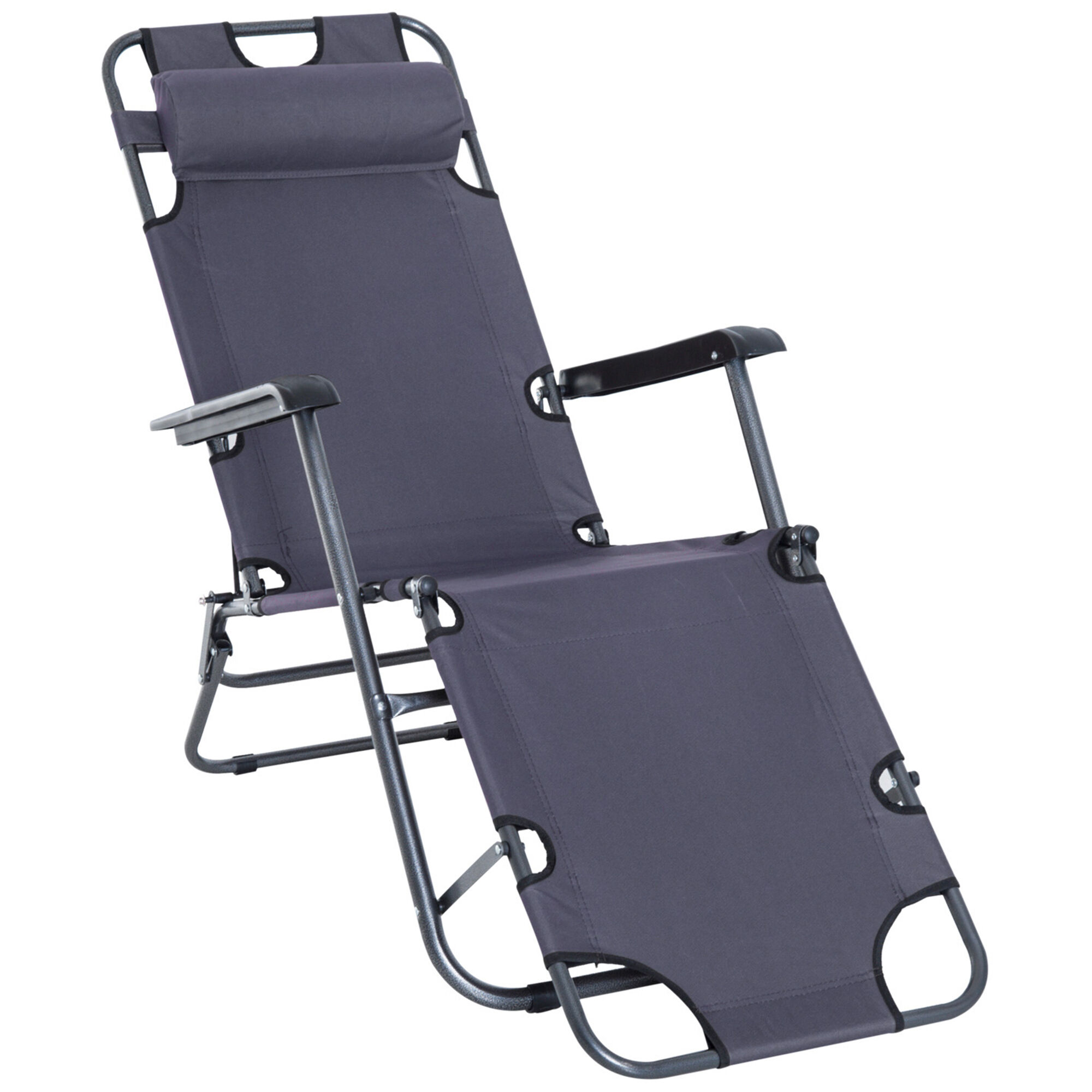 Outsunny Tumbona Reclinable y Plegable Silla de Playa Tumbona Relax Plegable con Respaldo Ajustable Reposabrazos Almohada y Reposapi&eacute;s para Jard&iacute;n Balc&oacute;n Carga 136 kg 135x60x89 cm Gris, , large Imagen numero 1