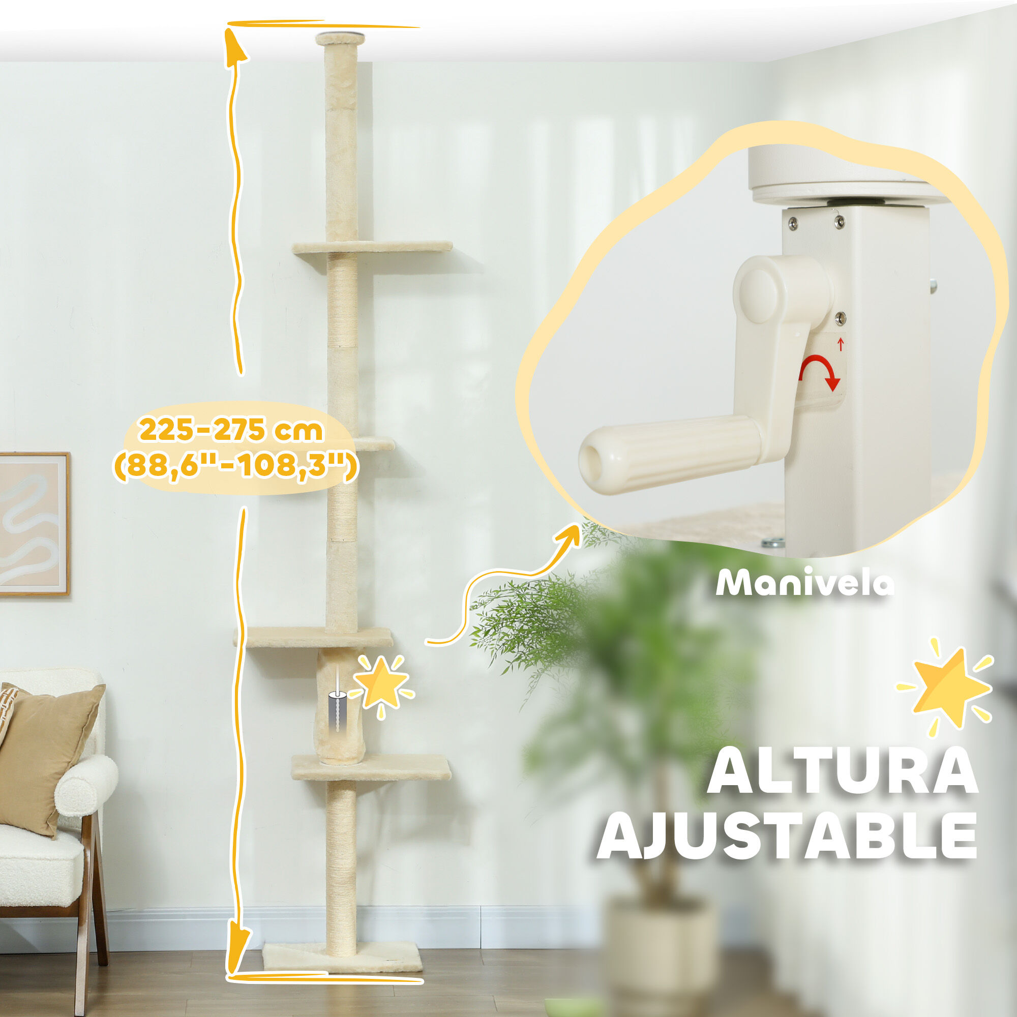 PawHut &Aacute;rbol para Gatos de Suelo a Techo 225-275 cm &Aacute;rbol Rascador para Gatos Torre para Gatos con M&uacute;ltiples Plataformas Sistema de Antivuelco Crema, , large Imagen numero 4