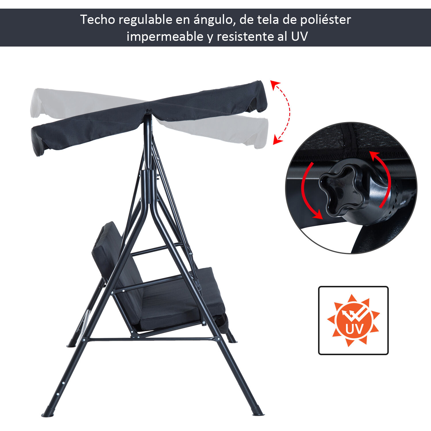 Outsunny Columpio de Jard&iacute;n de Metal con Parasol Balanc&iacute;n de 3 Asientos con Coj&iacute;n y Techo Ajustable (Negro), , large Imagen numero 4
